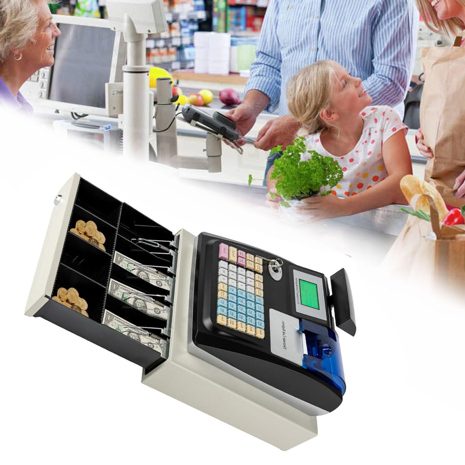 Caja registradora electrónica, Caja registradora con Tablero de conteo de Monedas,comprobador de Billetes, multipuerto de Mano, Comercio,White-US