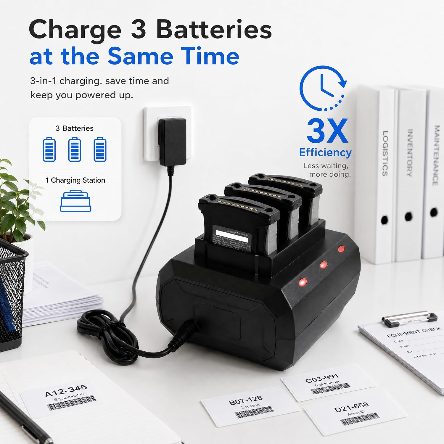 3-Slot Battery Charging Cradle for Zebra MC9300 MC9400 MC9401 MC9450 MC930B MC930P Handheld Barcode Scanners -Charger Station with Power Adapter,P/N:BT-000371 BTRY-MC93-NI-01 BTRY-MC94-BLE-01 image 3