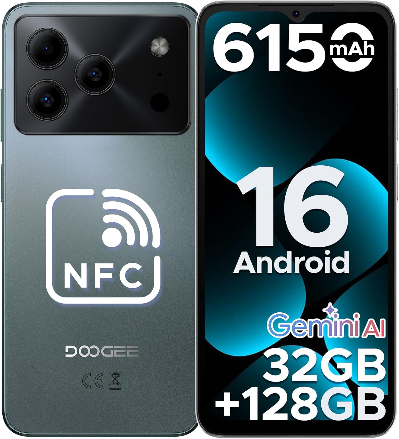 DOOGEE Note56 Pro Android 16 Smartphone Pas Cher, 6150mAh 32Go+128Go Téléphone Portable 13MP+8MP Écran 6,56&Prime; HD+/90Hz, TF 2To Débloqué 4G Double SIM, Octa Core, Face ID/OTG