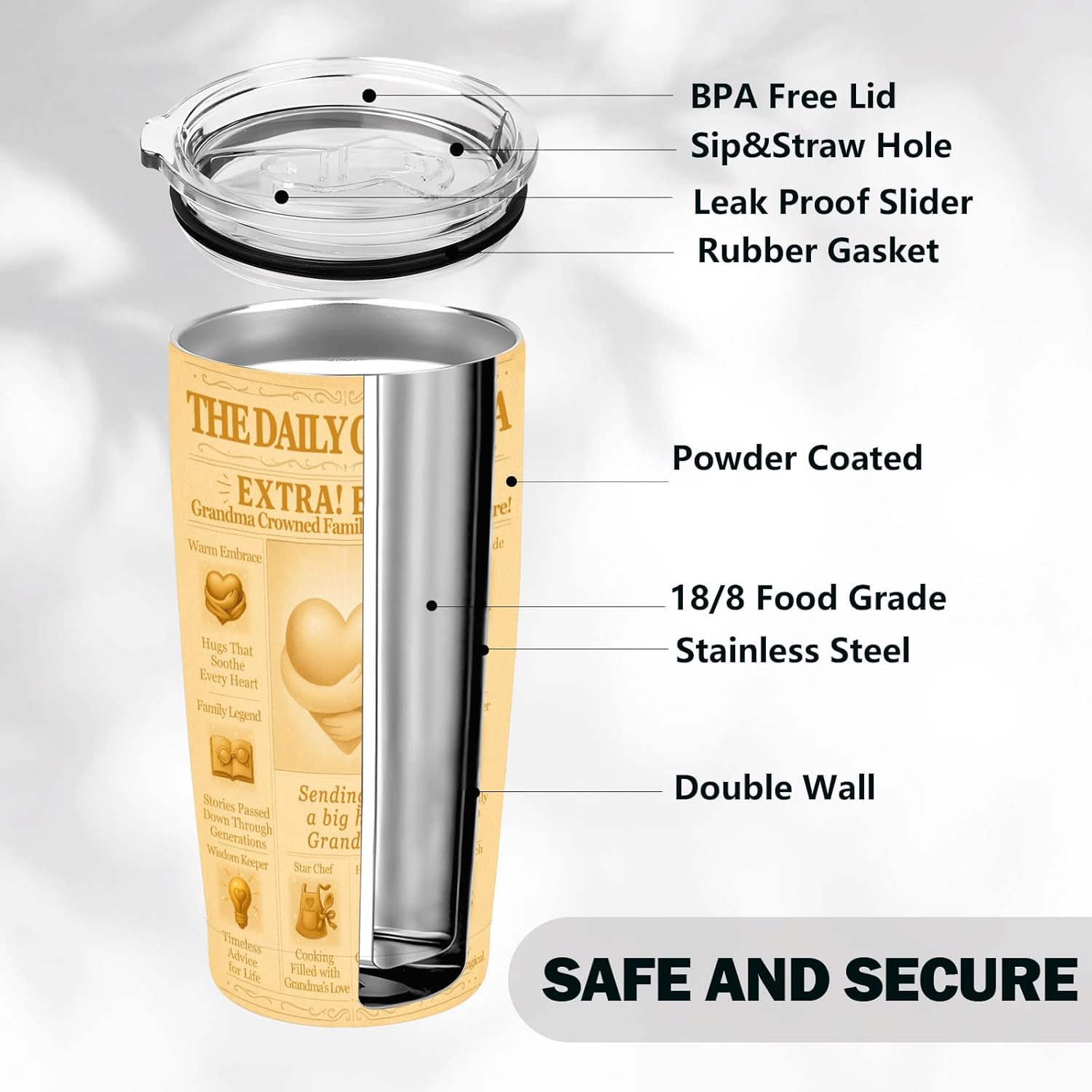 Gift for Grandma 20oz Insulated Tumbler, Stainless Steel Travel Mug, Vintage Newspaper Theme Heart Hug, Vacuum Double-Wall, BPA-Free Lid, Fits Car Cup Holder, Birthday Mother’s Day Grandparents Day - Image 5