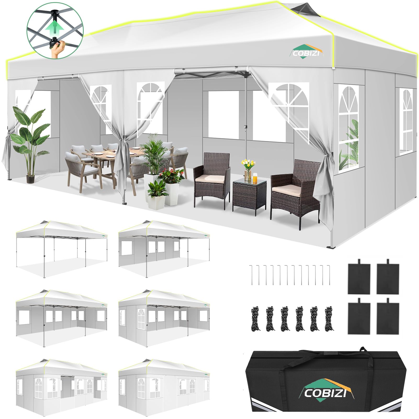 COBIZI 10x20 Pop Up Canopy Tent with 6 Removable Sidewalls