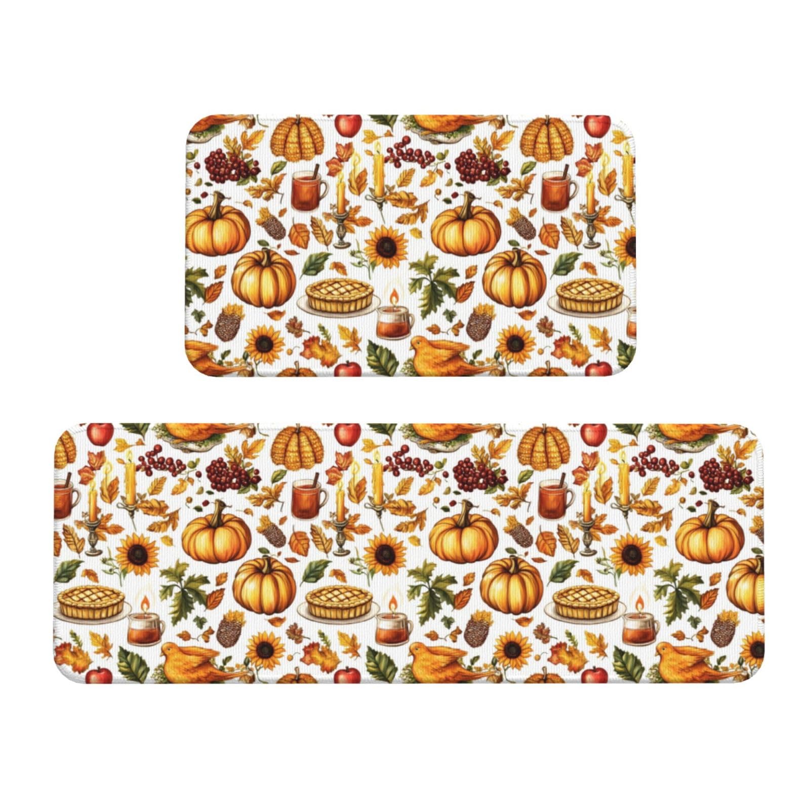 GVYGVY Antifatigue Kitchen Mats for Floor 2 Piece - Autumn Thanksgiving Food Print Kitchen Rugs Washable, Non Slip Runner Rug Standing Mat for Office/Bathroom/Laundry/Home Decor and Accessories