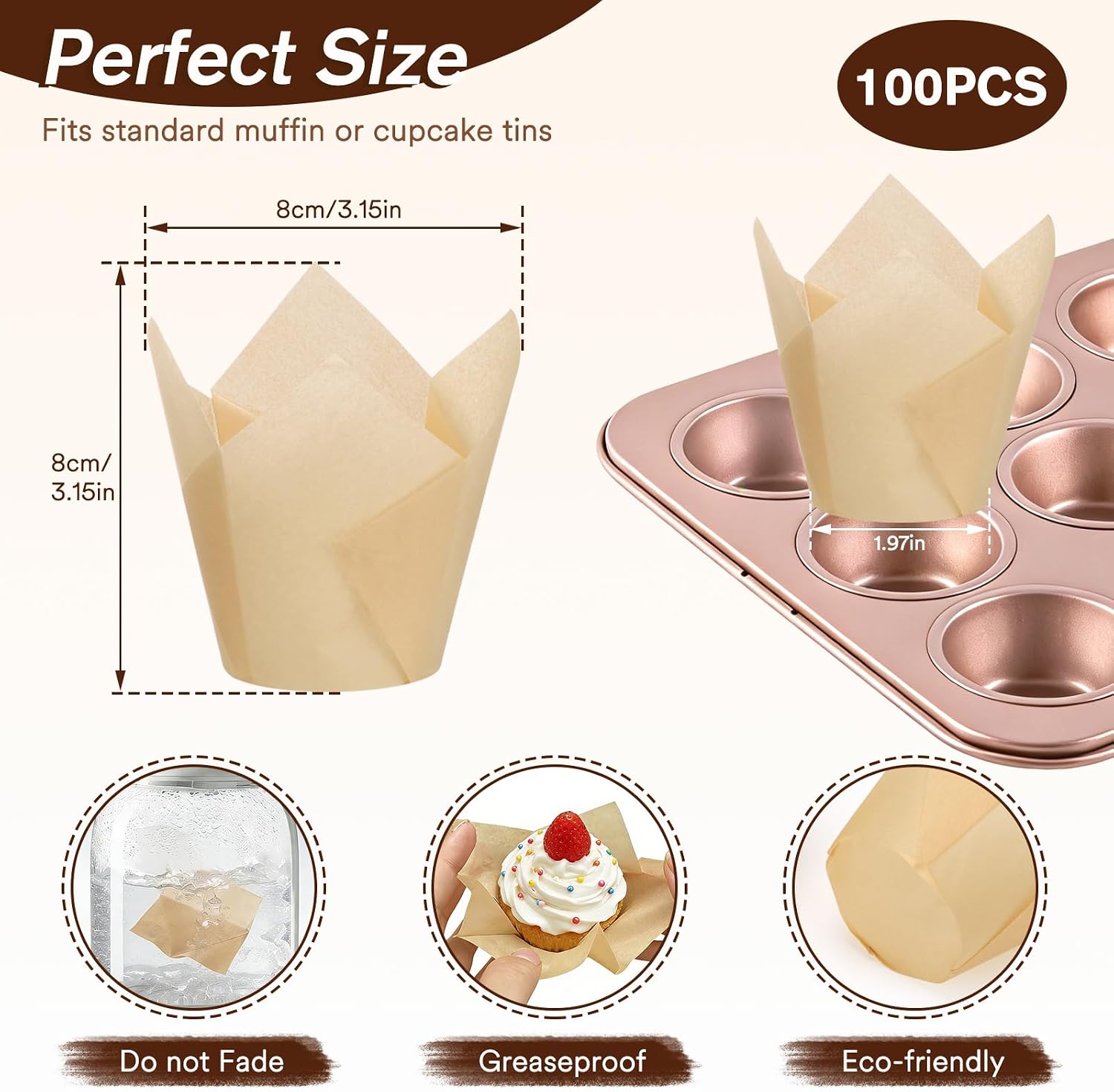 100PCS Tulip Muffin Cases, Greaseproof Baking Cups for Cupcakes, Muffin Liners Paper Cups for Home Baking, Parties and Cafés, Non-Stick Tulip Cupcake Cases in Kraft Box Packaging image 2