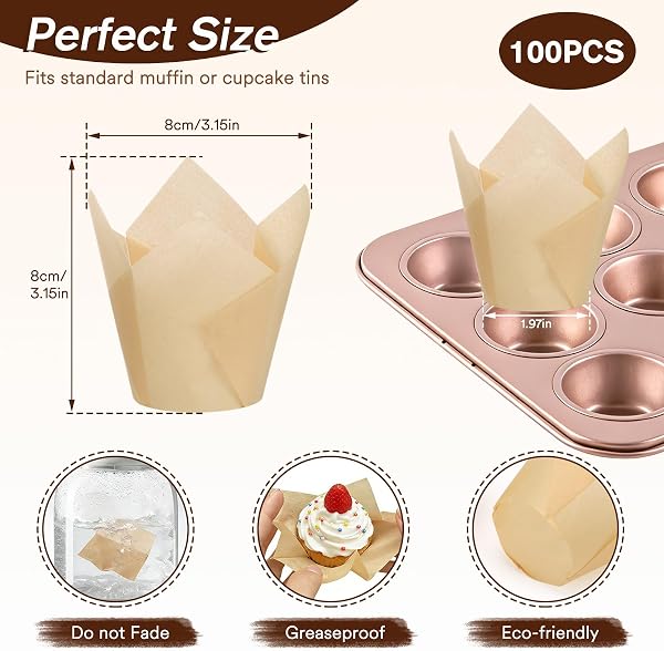 Alyvisun 100 Pirottini per Muffin Carta Antigrasso, Pirottini Muffin e Cupcake, Forme Muffin in Carta Non Adesiva per Casa Feste e Pasticcerie - 2