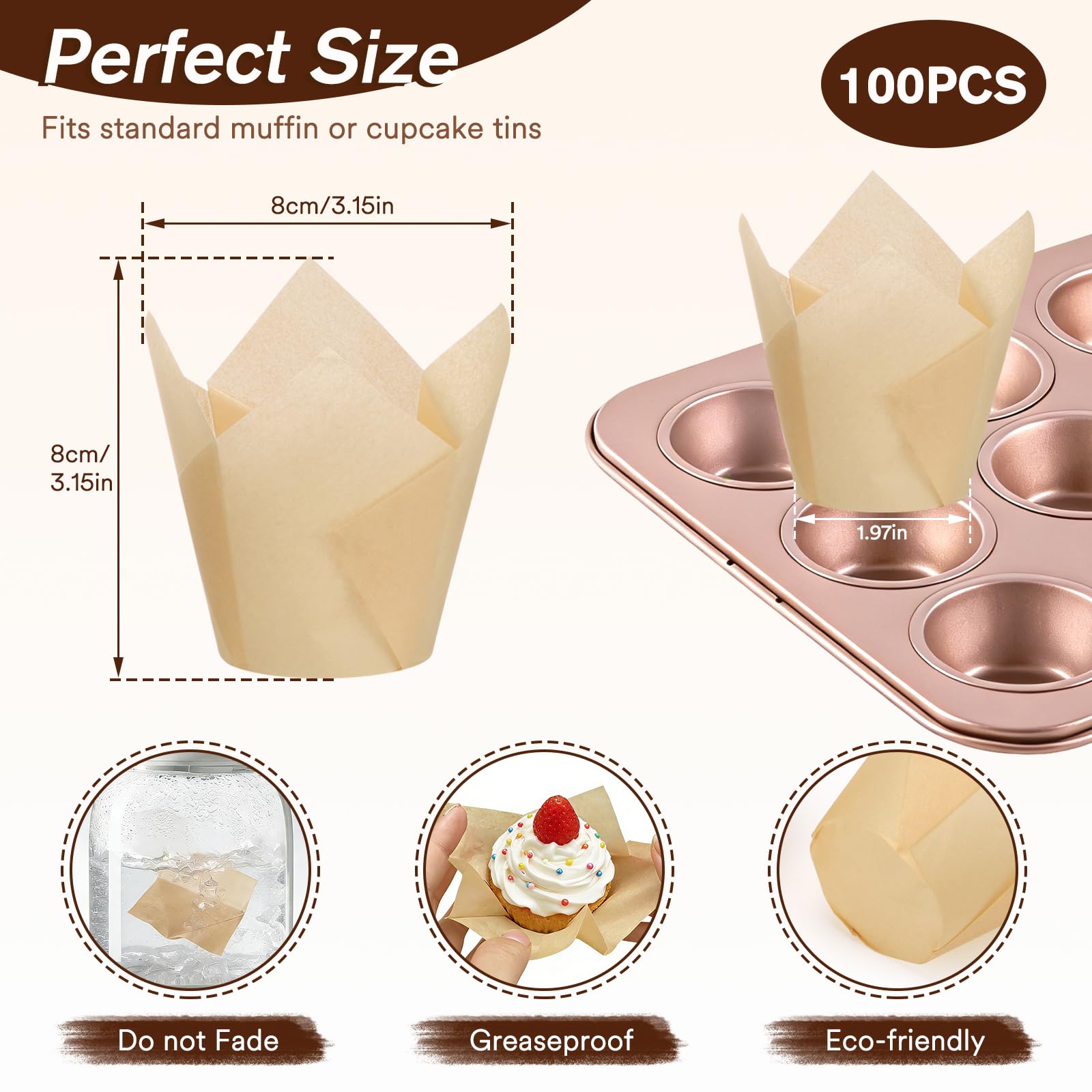 Alyvisun 100 Pirottini per Muffin Carta Antigrasso, Pirottini Muffin e Cupcake, Forme Muffin in Carta Non Adesiva per Casa Feste e Pasticcerie - 2