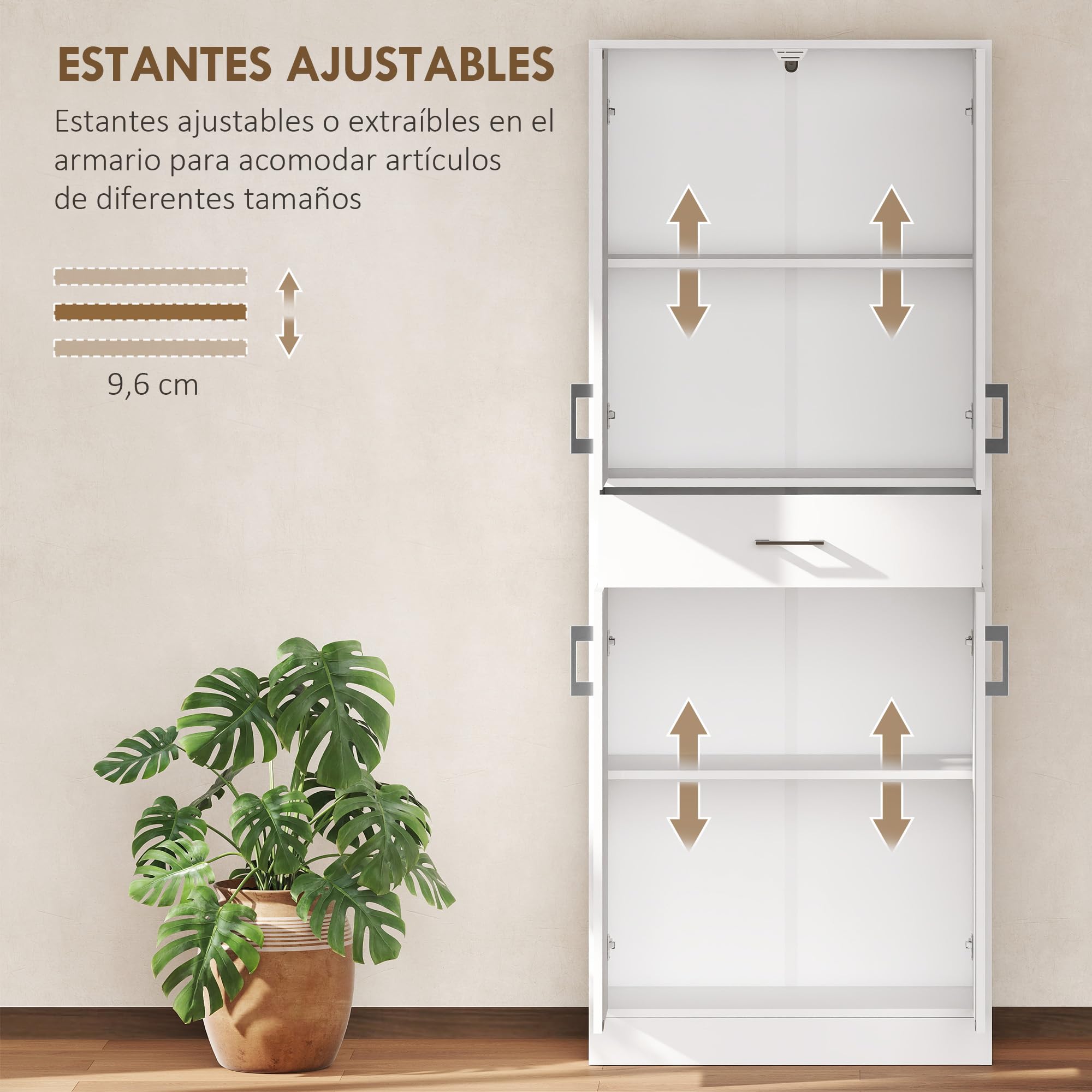 HOMCOM Alacena de Cocina con 4 Puertas 1 Cajón y Estantes Ajustables Antivuelco Armario de Cocina Moderno para Comedor Salón 70,8x34x180 cm Blanco y Plata