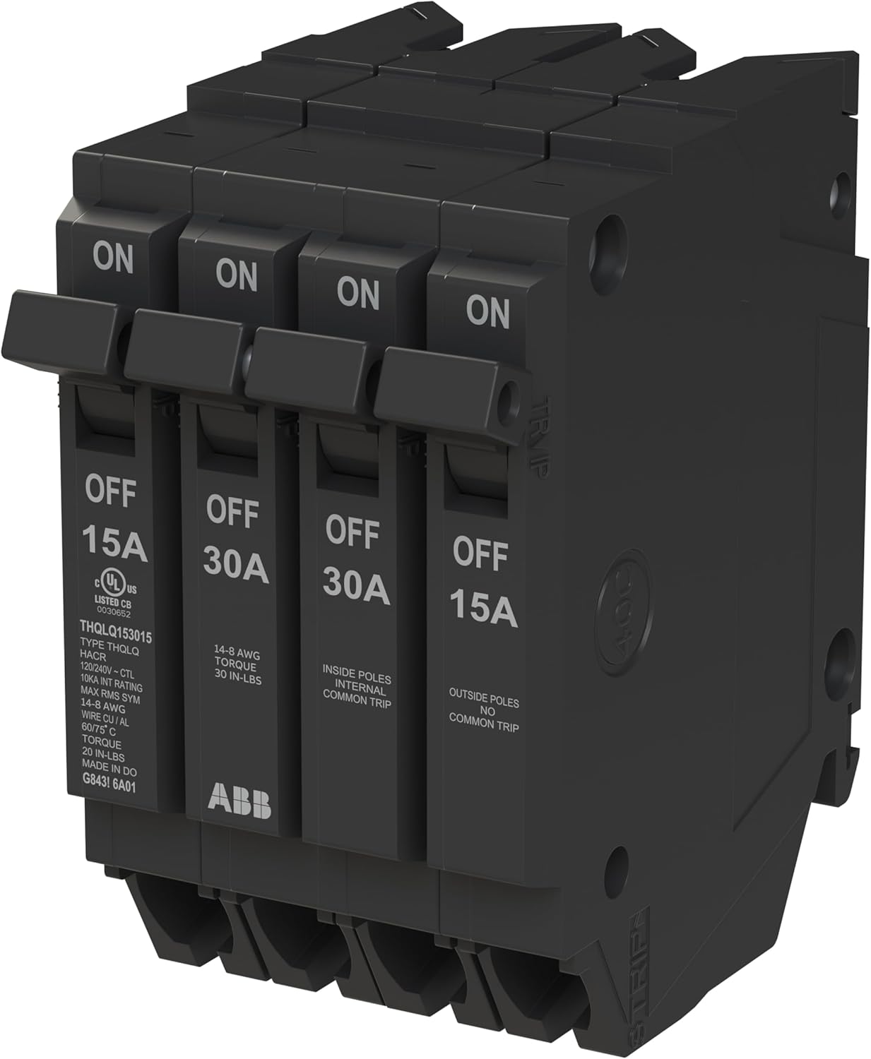 ABB Q-Line® THQLQ153015 Quad Circuit Breaker • 15A/1P, 30A/2P, 15A/1P Configuration • 120/240 VAC • 10 kAIC Interrupt Rating • Thermal Magnetic Plug-On Breaker for Load Centers