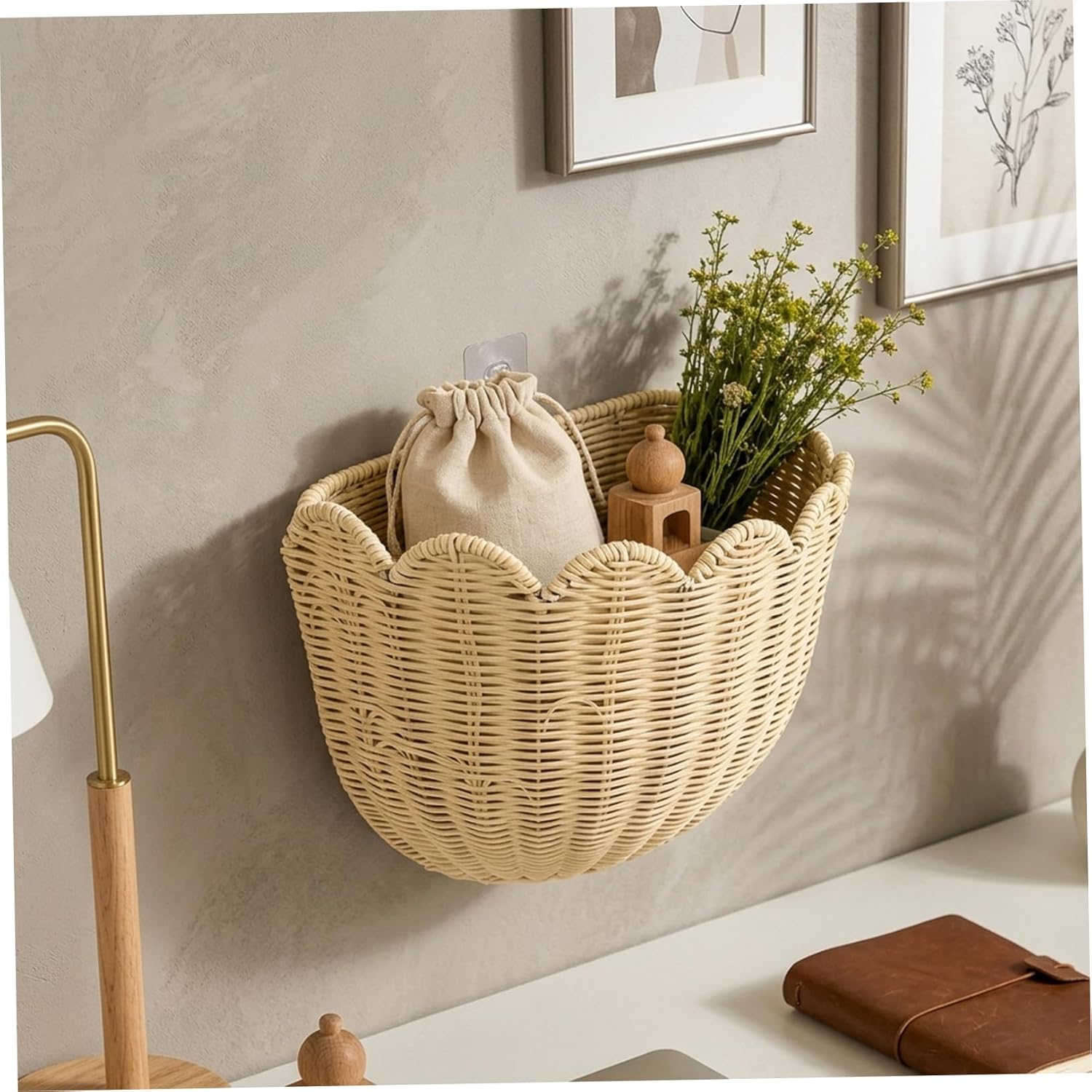 Scalloped Wall Basket for Home Decor, Beige Woven Hanging Storage Basket with Unique Petal Edge, Wall Mounted Organizer for Bathroom, Kitchen, Bedroom 15.35x6.02x8.9 inch