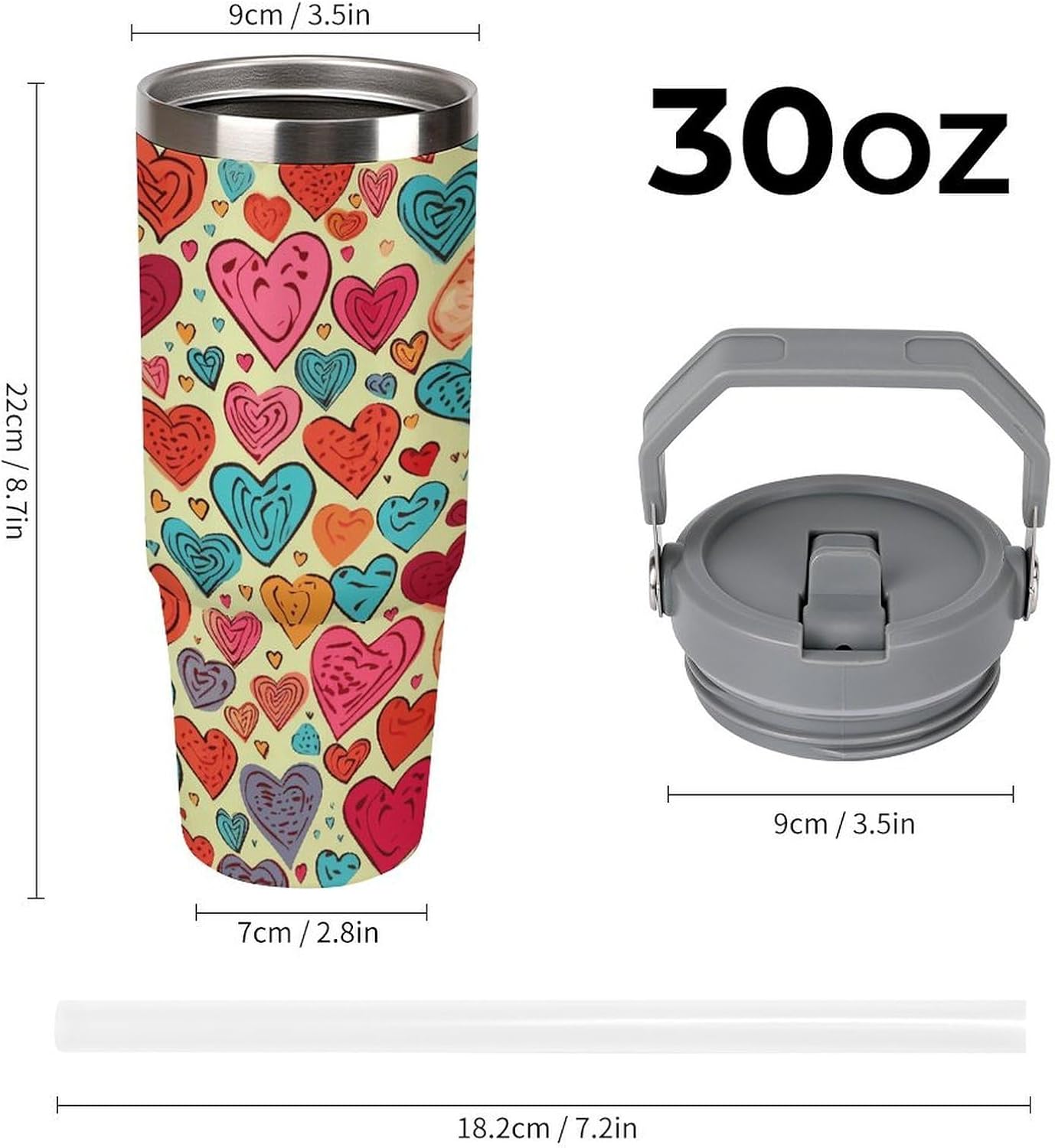 Colorful Heart Pattern Water Bottle 30 Oz Fits Car Cup Holder,Insulated Coffee Mug Large Capacity Car Cups,Stainless Steel Double Wall Sport Bottle for Travel Sports Gym