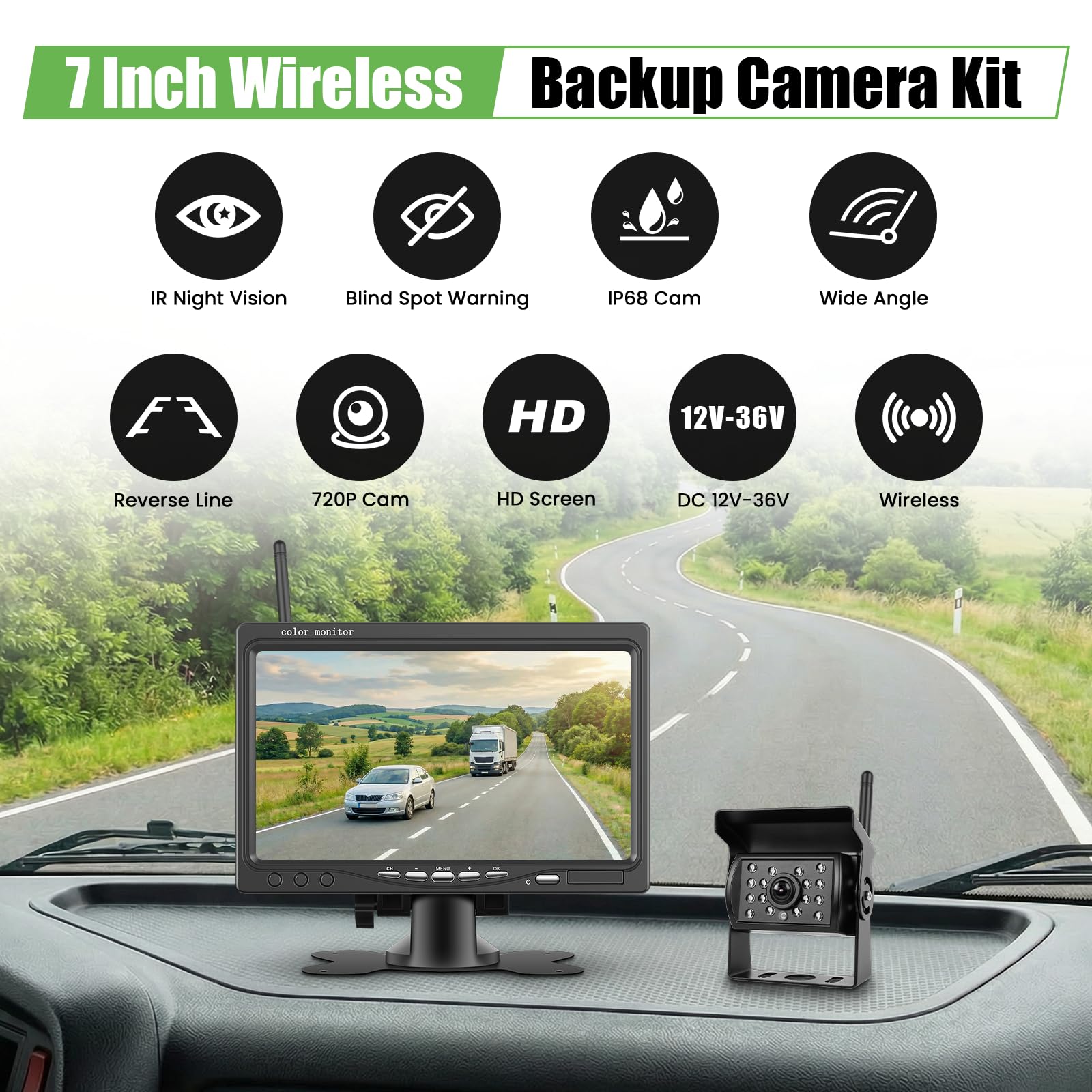 Telecamera di retromarcia wireless IP68 impermeabile con visione notturna, monitor HD da 7", telecamera di retromarcia ad alto rendimento con chip a prestazioni elevate, linea invertita, BSD