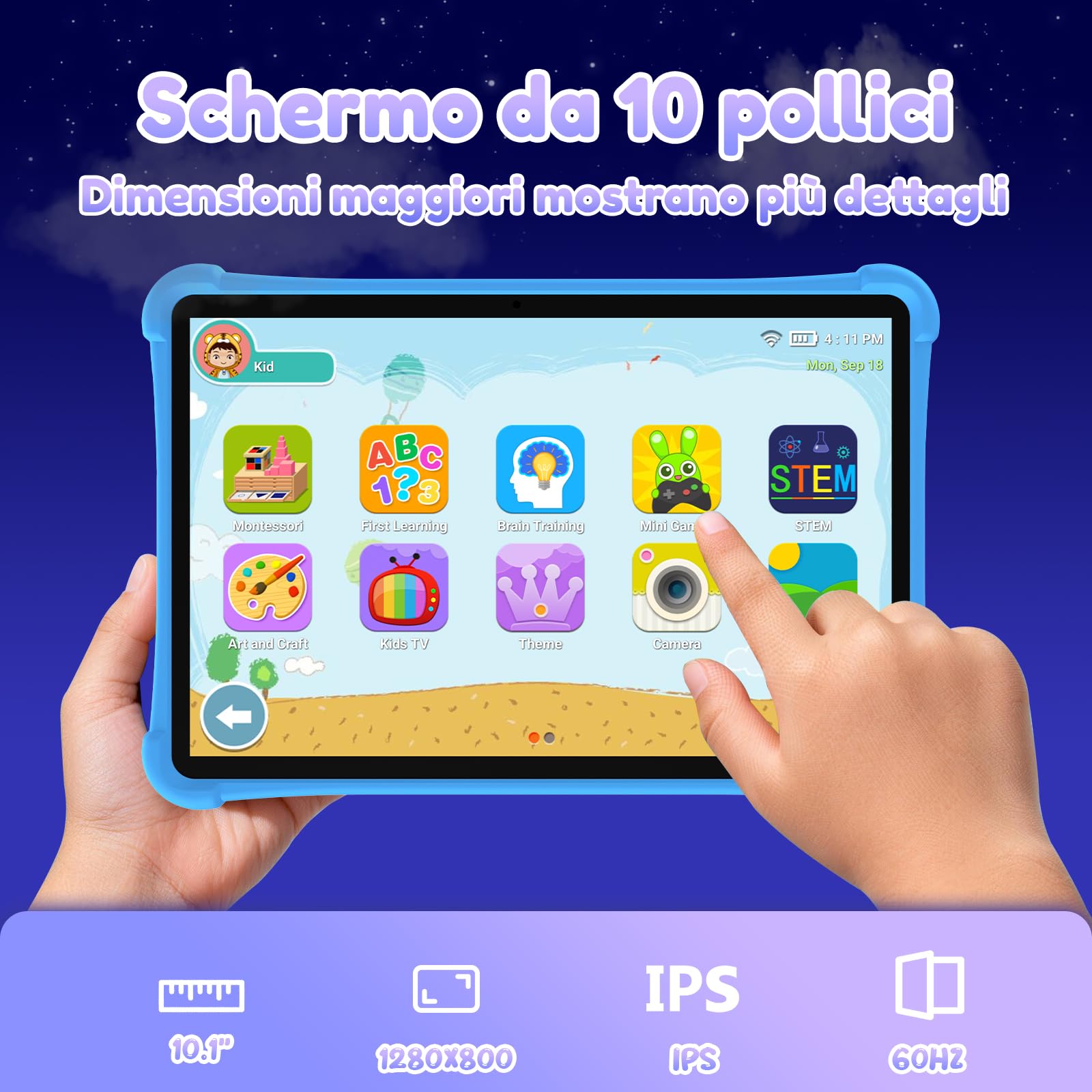 ALLDOCUBE iPlay 70 SE Tablet per Bambini 10 Pollici, Controllo Parentale iWAWA, 4G LTE Android 15, 7GB RAM+64GB ROM (TF 512GB), Batteria 5500mAh, 5G Wi-Fi, BT 5.0, GPS, Custodia Eva Inclusa - Blu