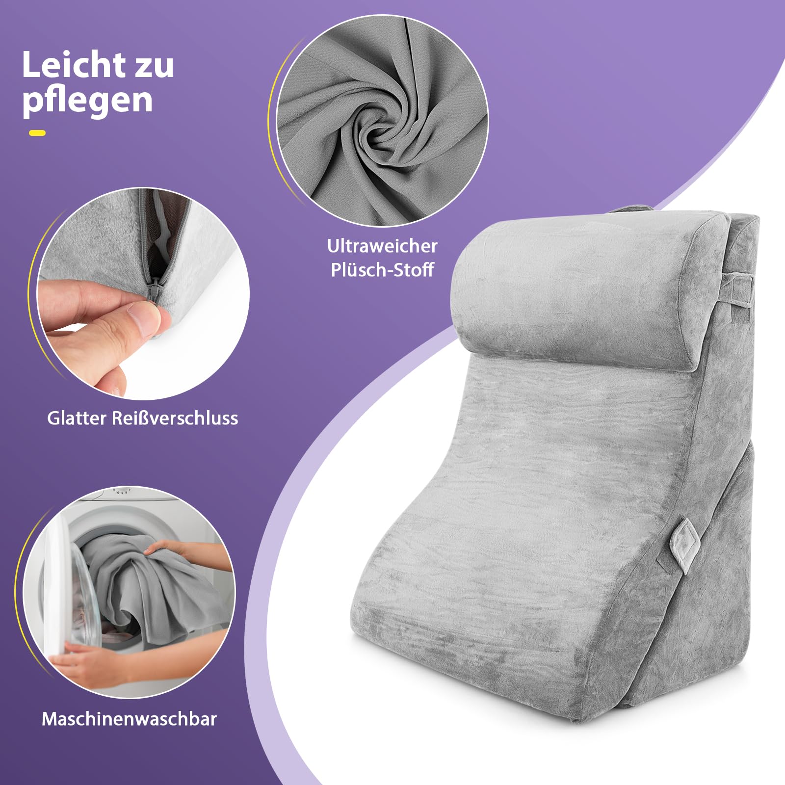 GOPLUS 3-teiliges Keilkissen-Set, Rückenkissen mit Abnehmbarer Nackenrolle & waschbarem Bezug, Rückenkissen mit Memory Foam, Rückenstütze, Lesekissen für Bett und Sofa (Grau)