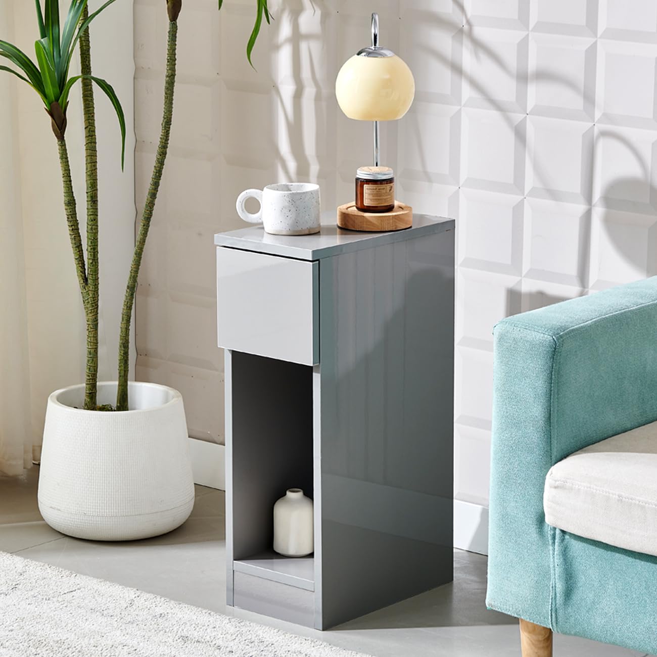 Slim Bedside Table Bedroom Nightstand with Open Shelf & Drawer, Narrow End Table Sofa Side Table for Living Room, Compact Wooden Lamp Table Telephone Table for Home Office, High Gloss Grey
