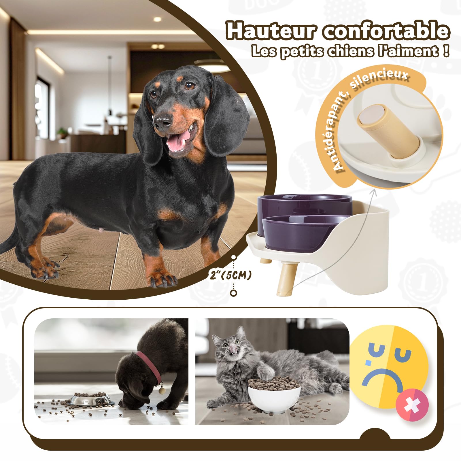 Support de Gamelle Surélevée pour Chat - Porte-Gamelles pour Nourriture et Eau - Idéal pour Chats et Petits Chiens à Pattes Courtes - Blanc Crème (Bol Non Inclus)