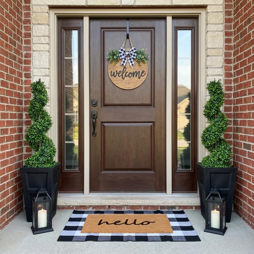 2-Piece Layered Front Doormat Set, Hello Natural Coco Coir Door Mat + 28"x43" Black and White Buffalo Plaid Rug, Non-Slip Backing Outdoor Entryway Decor for Front Porch, Patio, Home