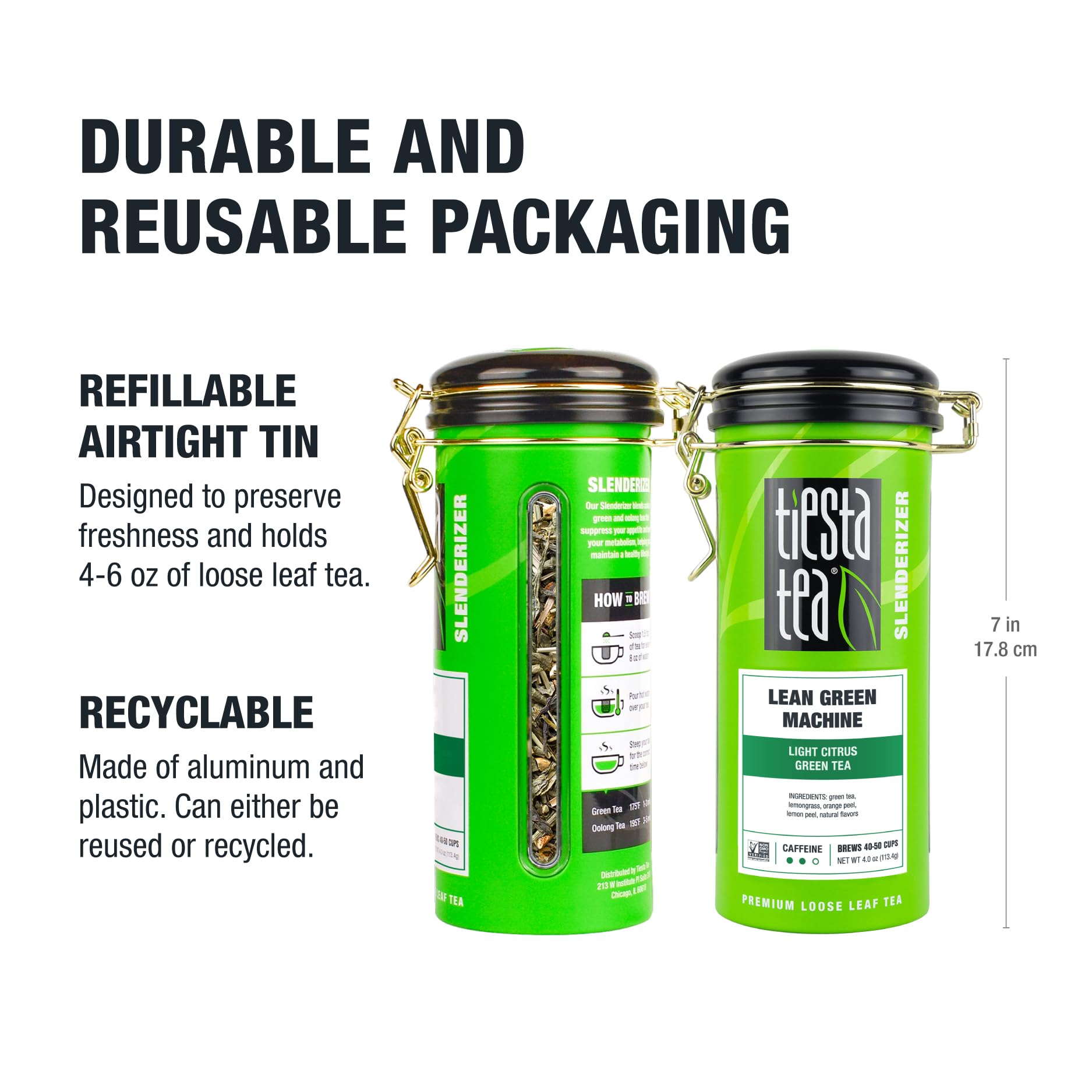 Tiesta Tea - Lean Green Machine, Loose Leaf, Light Citrus Green Tea, Premium Loose Leaf Blend, Medium Caffeinated, Brews Up to 50 Cups, 4 Ounce Refillable Tin