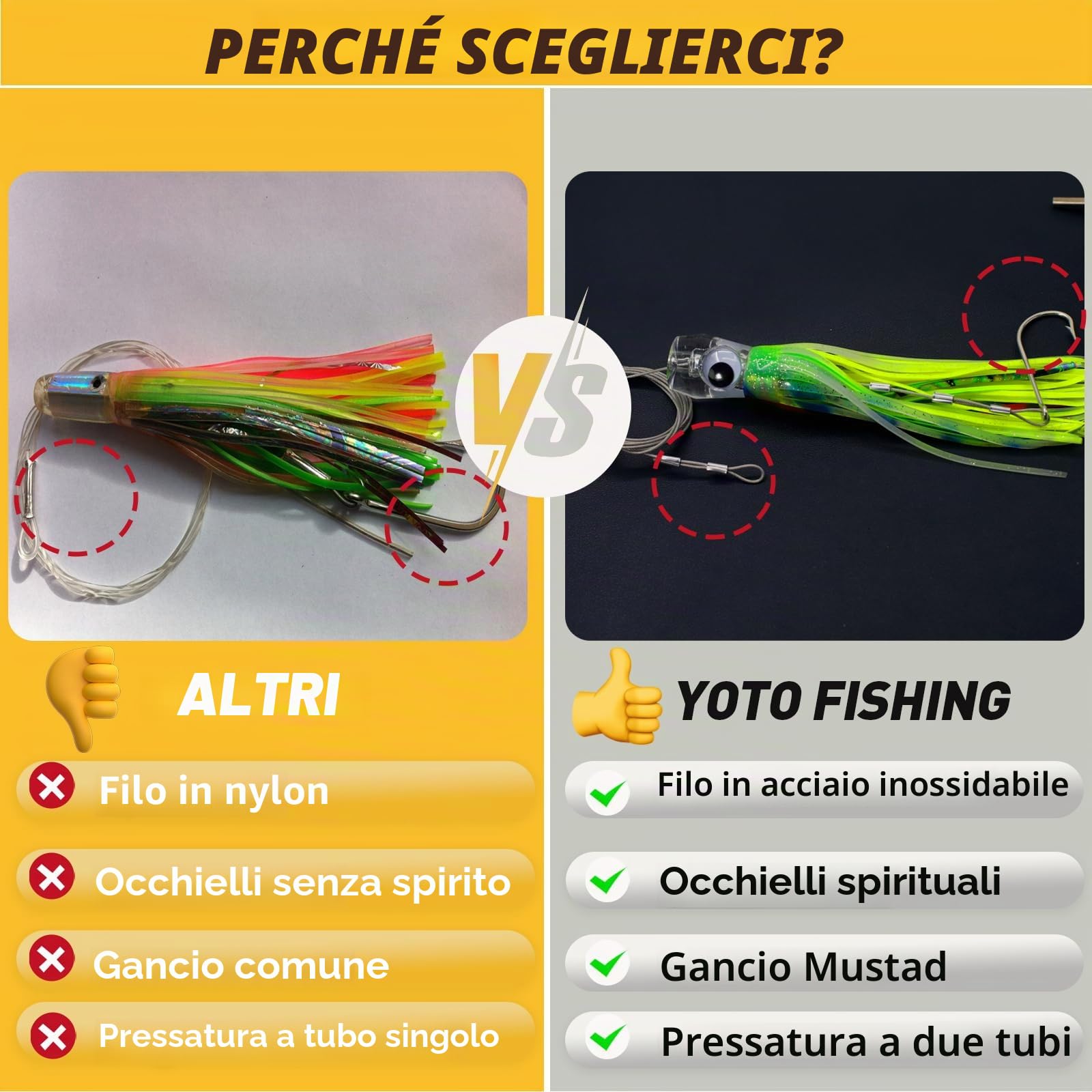YOTO Esche da pesca a traina in acqua salata, 16,5 cm, 6 pezzi, con copertura per calamari, per pesca in acque profonde, tonno, marlin, wahoo, squalo, mahi
