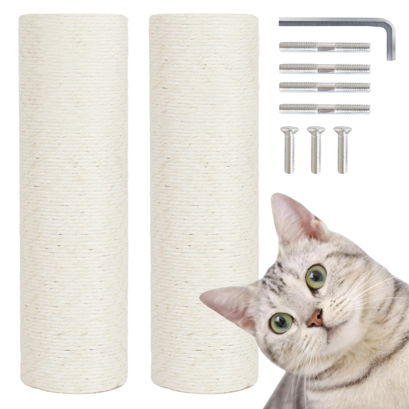 Pinkgarden Thick Natural Sisal Replacement Cat Scratching Post - 15.7" Length, 4.5" Thick, 2Pcs M8 Cat Scratch Post Refill Poles, Ideal for Refurbishment, Includes Screws (White)