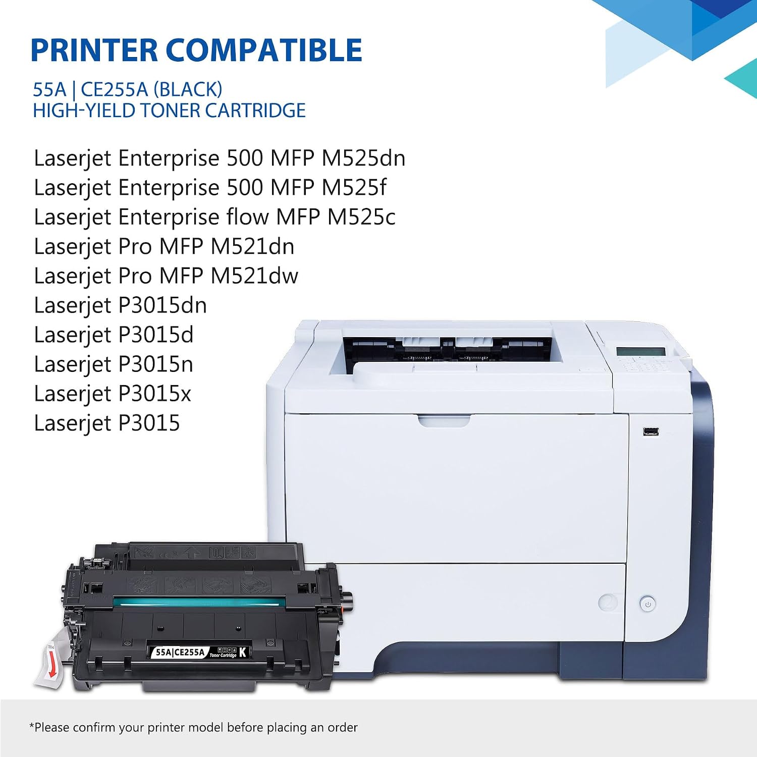 CE255A 55A Black Toner Cartridge with Chip 1-Pack, 55A Toner Cartridge Replacement for HP 55A Toner 55X CE255X for Enterprise 500 MFP M525 Series, Enterprise P3015 Series, Pro MFP M521 Series Printer