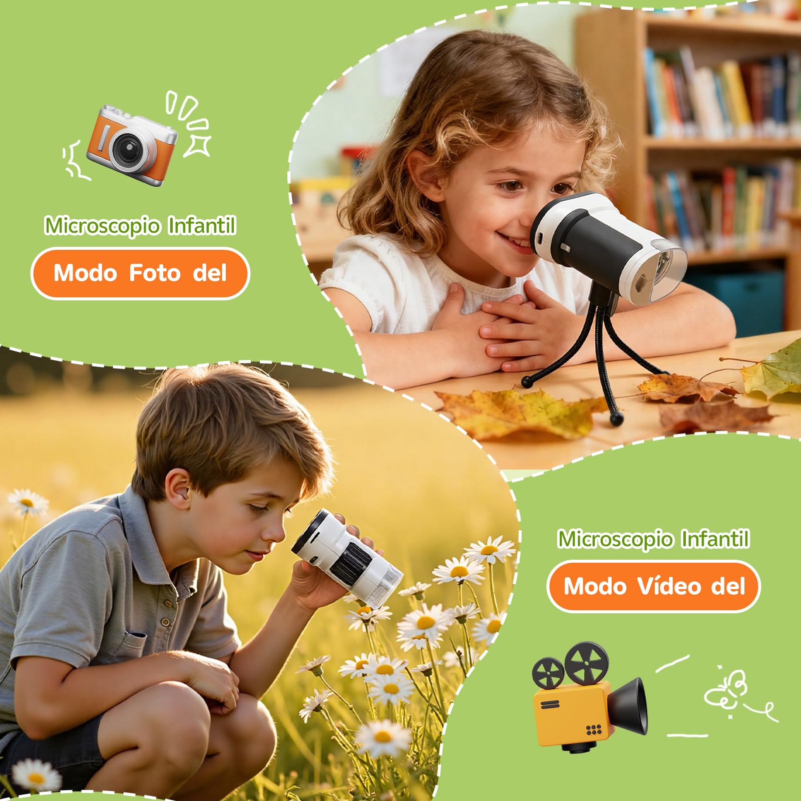 200x-1000x Microscopio para Niños, Pantalla IPS de 2 Pulgadas, con Trípode Mini y Tarjeta Micro SD 16GB, Juguetes Regalo Niños 4-12 Años