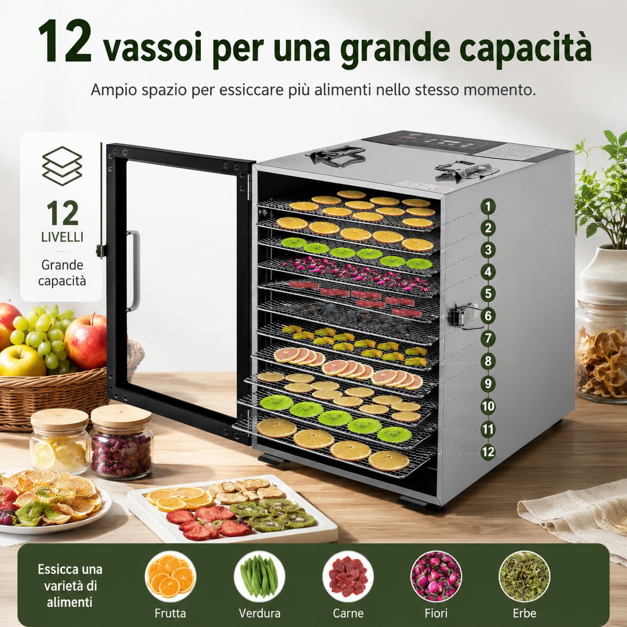 Suszarka ze stali nierdzewnej, 800 W, 12 misek ze stali nierdzewnej, urządzenie do suszenia owoców, mięsa, wołowiny, suszonych mięs, ziół, z regulowanym timerem i regulacją temperatury