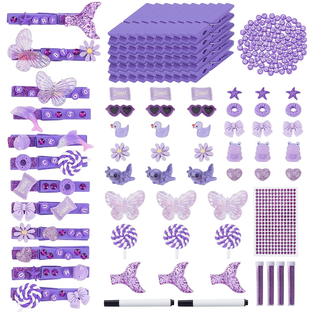 WEBEEDY 50 Sets Purple Wooden Cheer Clothes Pins Decoration for Backpacks, DIY Cheer Pin Gift Bulk for Cheerleading Team with Mini Animal Bow Flower Charms Letter Beads Accessories
