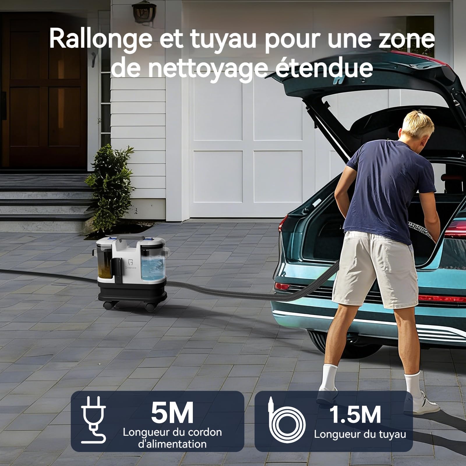 Greenote Nettoyeur de Tapis 600W, 4 Roues Pivotantes pour une Maniabilité Exceptionnelle, Rangement Compact, Réservoirs 1,8L/0,8L, Flexible 1,5m et Câble 5m,Nettoyage des canapés et des voitures