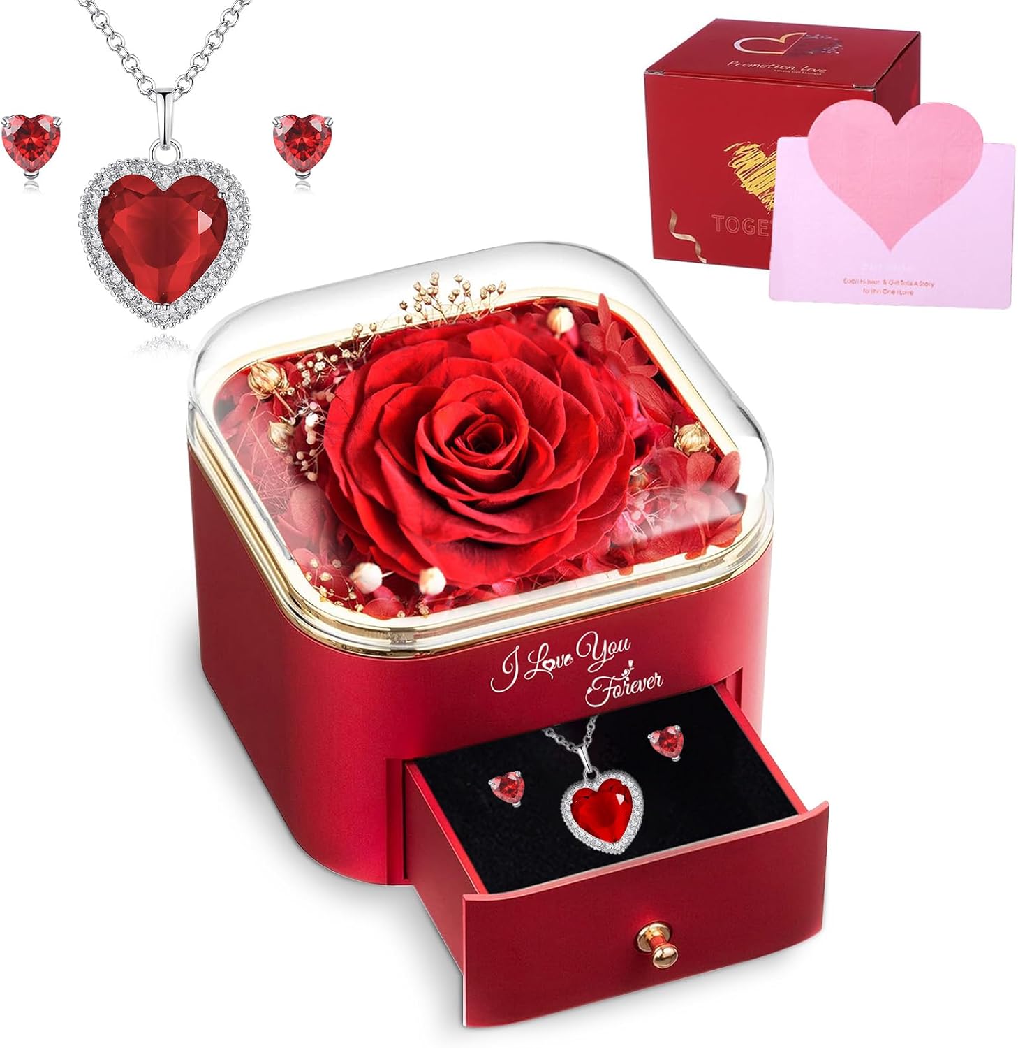 MARUKO Rose Eternelle avec Bijoux, Cadeau Saint Valentin Femme pour Femme Maman Femme Petite Amie pour Noël Saint Valentin Fête des Mères Anniversaire (Rouge)