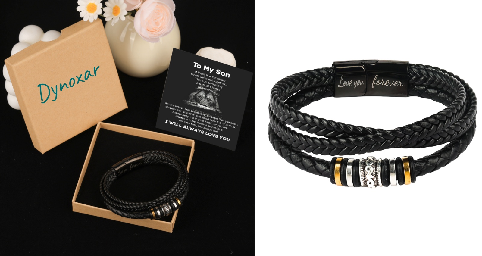 Pulsera para hombre de cuero trenzado negro y acero inoxidable miniatura 7