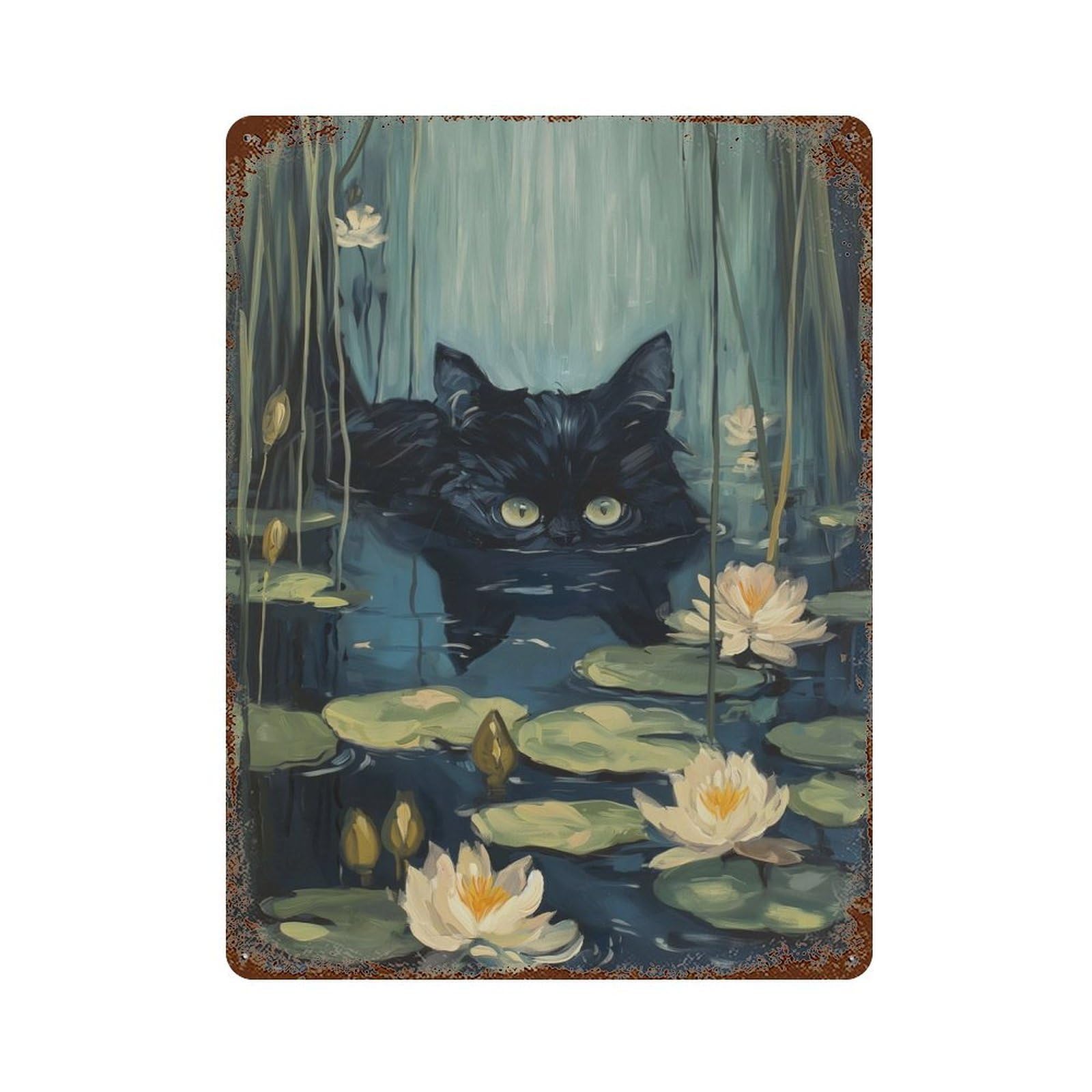 Swimming River Black Cat Vintage Wall Sign 15.7"x11.8", Rust Effect Metal Decor for Cafe, Home Bar And Lounge Decor