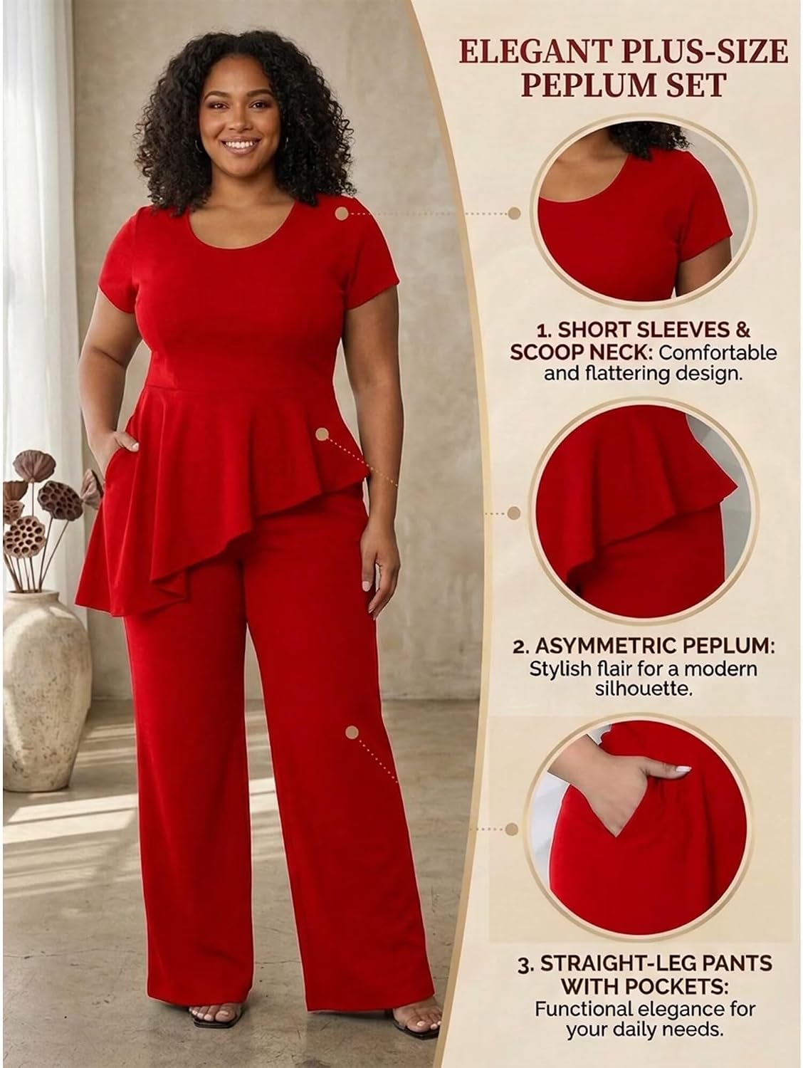 CXXQ Women's Plus Size 2 Piece Outfits Suit Set Short Sleeve Peplum Top Straight Pants Sets Business Pantsuits