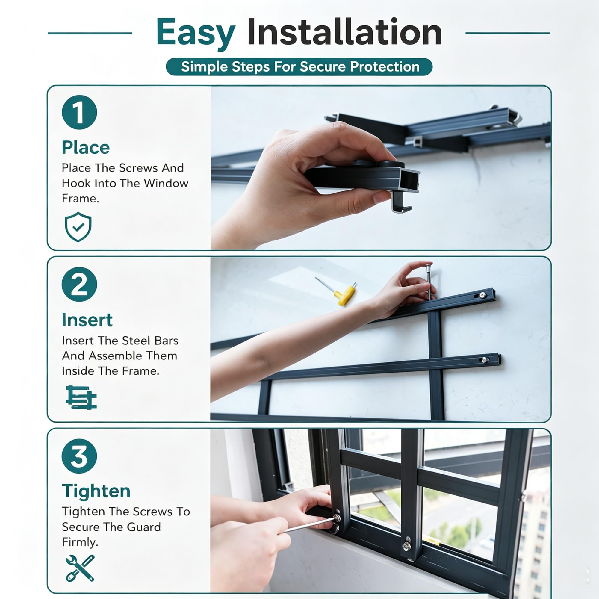 Rejas para Ventanas Exteriores Rejas De Seguridad Para Ventanas Correderas De Altura Personalizada | Aluminio Resistente Al Óxido, Barrera De Seguridad Interior Extraíble, Sin Perforaciones, Protector(A,48cm/19.2in)