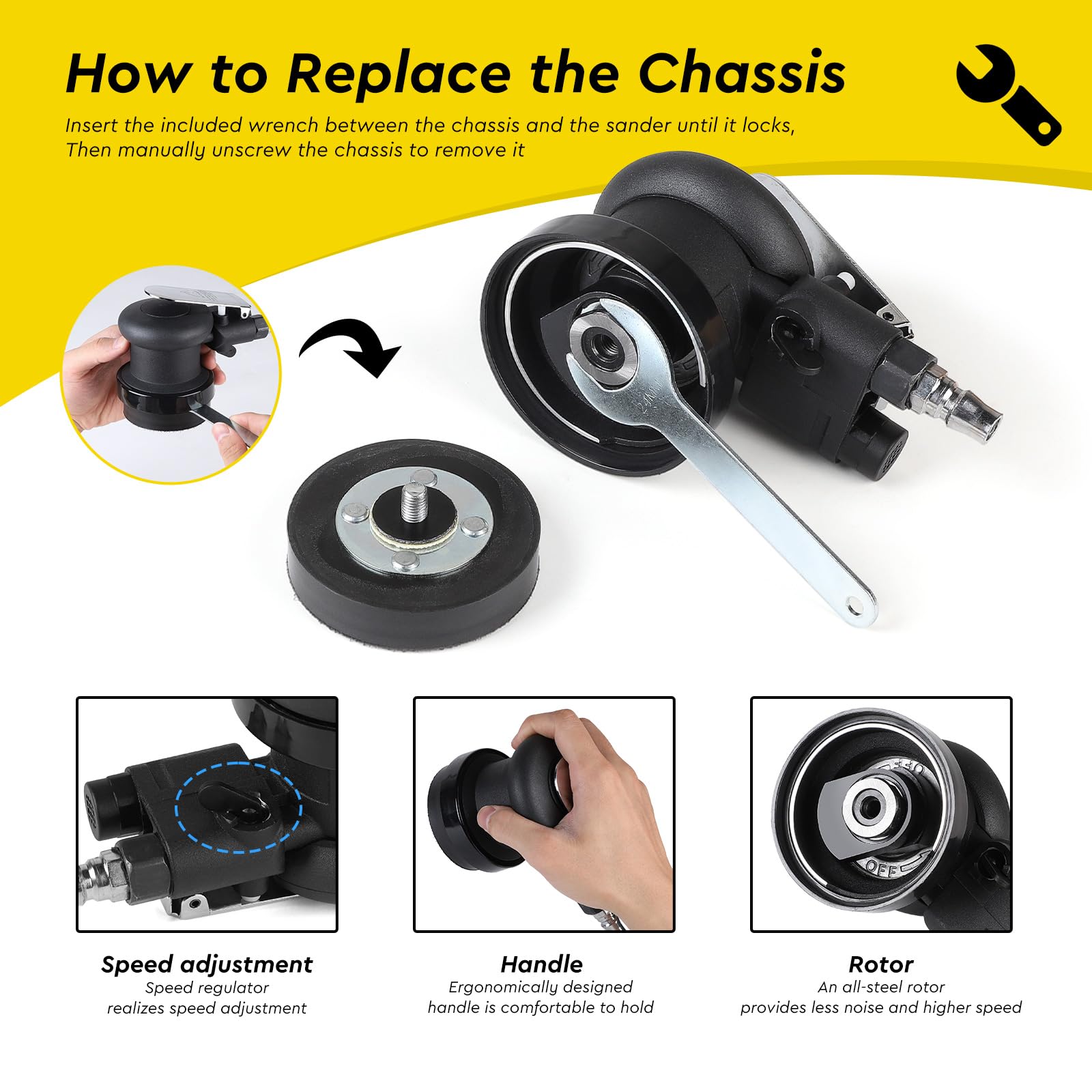SWAWIS 75mm Levigatrici Orbitale Pneumatica, 12000RPM, Eccentricità 5 mm, Accessori Completi, Smerigliatrice Orbitale ad Aria per Levigare e Lucidare Superfici Automobilistiche in Legno e Metallo