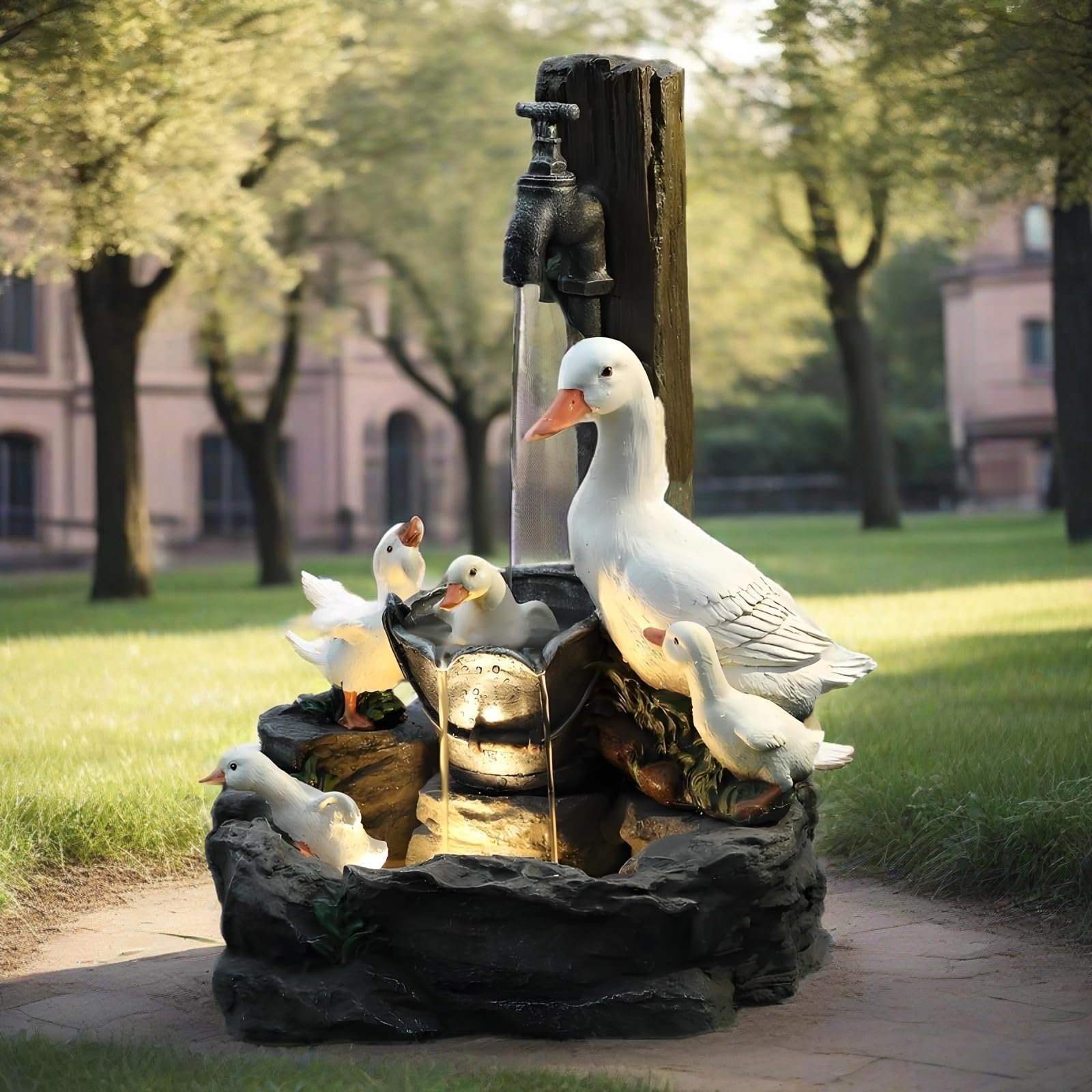 Fuente de agua alimentada por energía solar para interiores y exteriores, estatua de paisaje acuático con luz LED, fuente jardin solar，fuente de estatua de pato de resina para decoración de patio