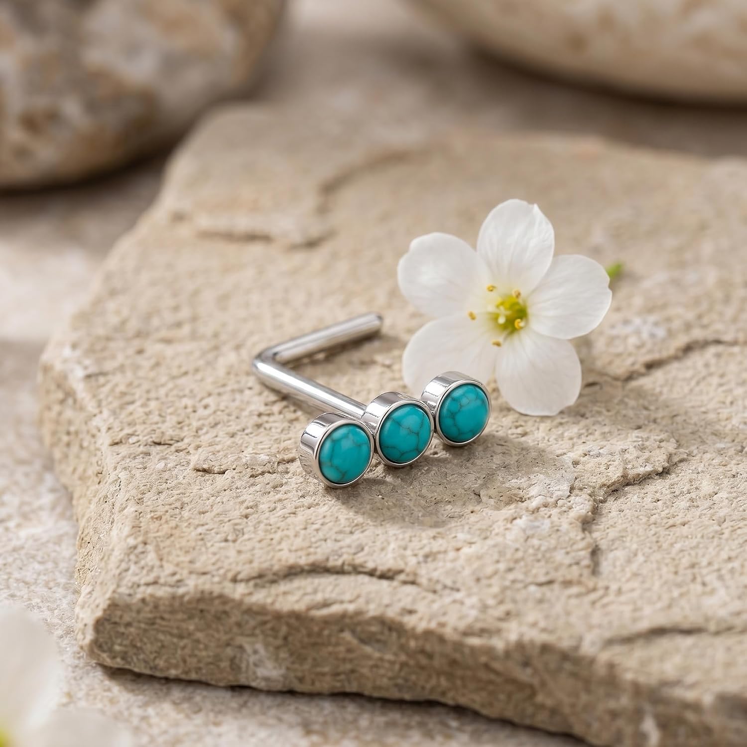 2Pcs Real Turquoise Nose Ring 925 Sterling Silver 3 Stone Real Turquoise L Shaped Nose Stud Ring Piercing Jewelry Gifts for Women