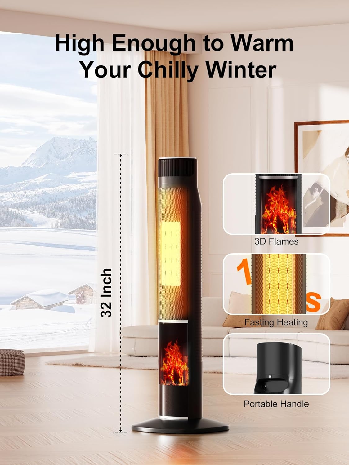 Uthfy Space Heaters for Indoor Use, 32″ Space Heater for Large Room with 24H Timer & 3D Flame, ECO Mode, Thermostat, 120° Oscillation, Child Lock, Remote, 1500W Electric Room Heater for Bedroom Use 32 Inch