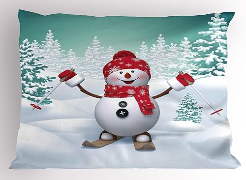 Miniatura 1 de Ambesonne Funda de almohada de Navidad, montaña cubierta de nieve con abetos y muñeco de nieve de esquí, divertida actividad navideña, funda de