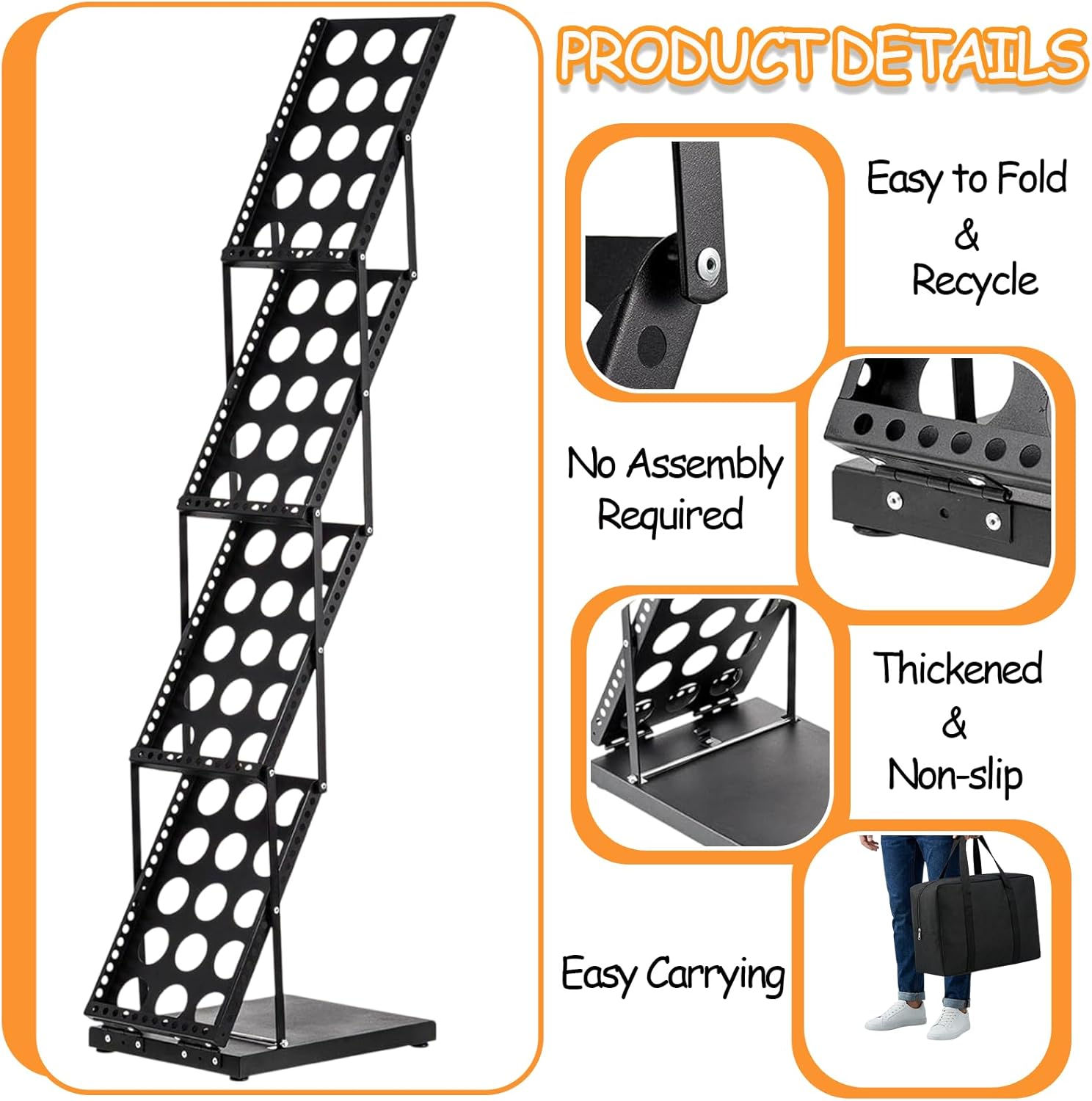 Brochure Display Stand Foldable Magazine Rack Metal Brochure Holder Literature Rack with Carrying Bag Portable 4 Pockets Literature Stand for Exhibition Trade Show and Office Store (Black)