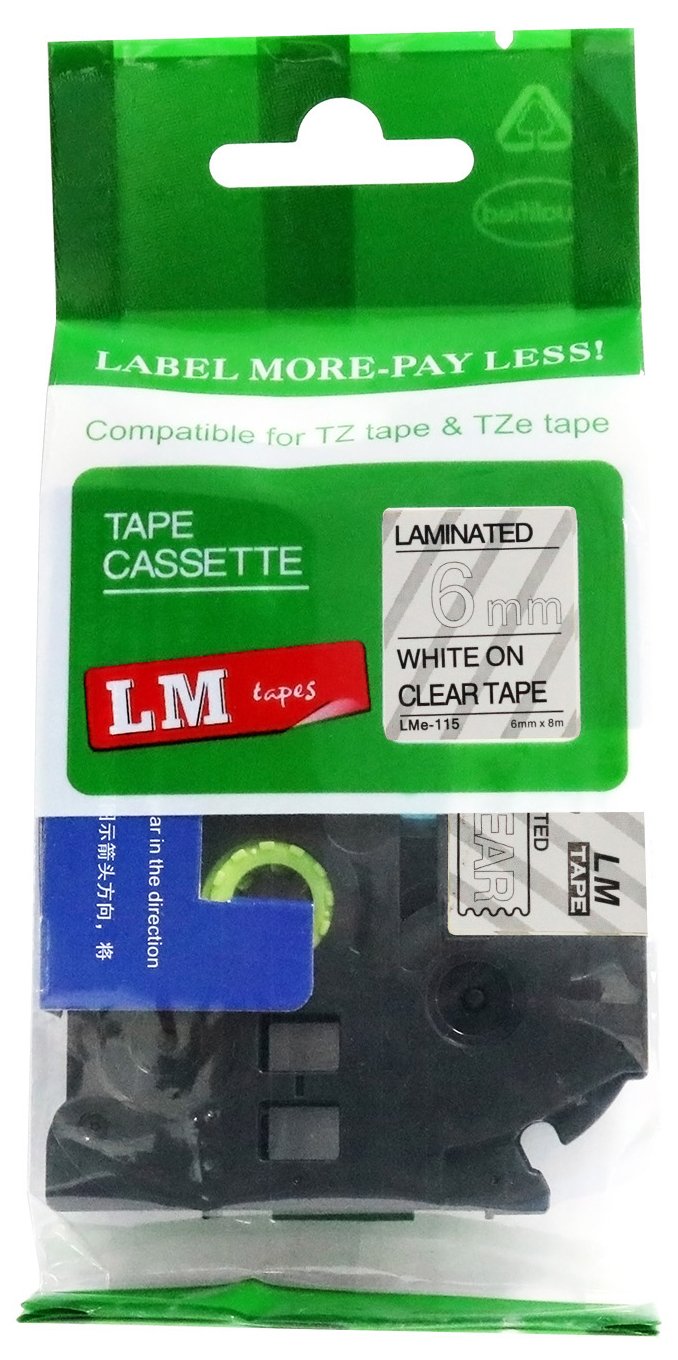 LM Tapes - Brother PT-1880 Label Printer 6mm White on Clear Compatible TZe P-Touch Tape (1/4" 0.23 Laminated) for Brother Model PT1880 Label Maker