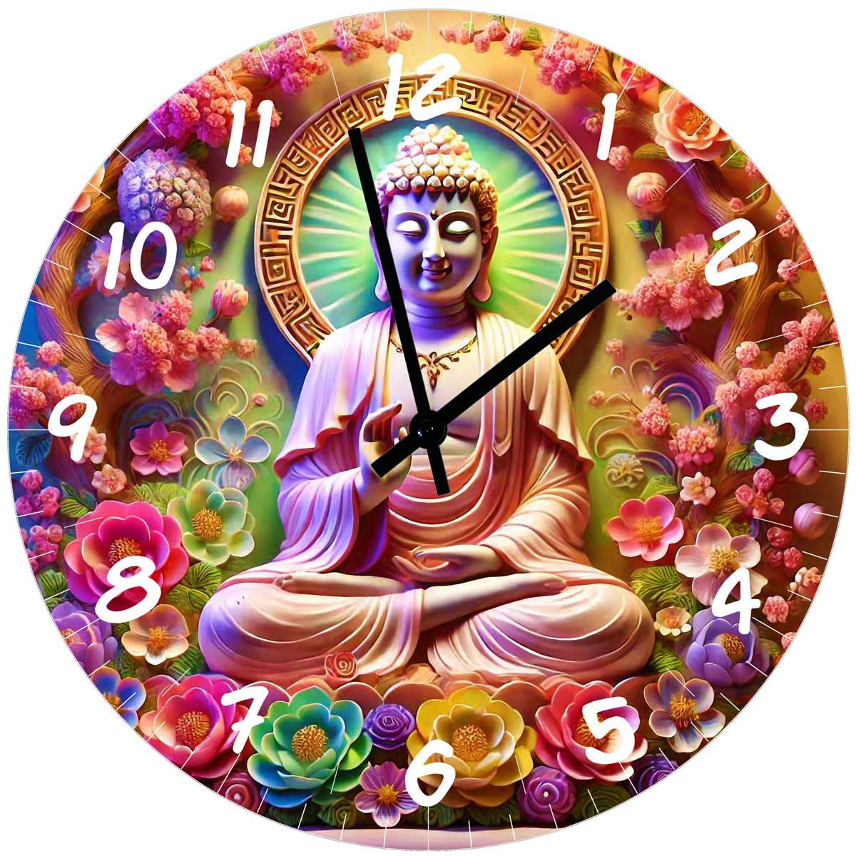 Horloge en verre Bouddha Flowers de salon - Décoration murale fleurie et asiatique