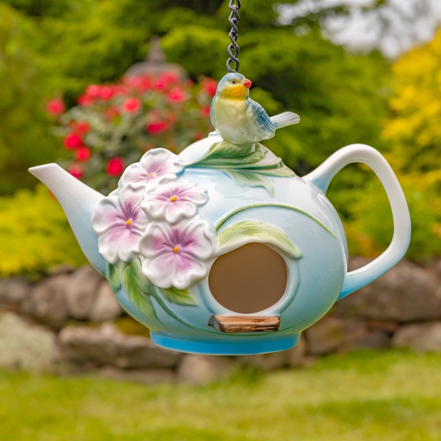 Hanging Porcelain Teapot Birdhouse Collection, Hanging Garden Decor with Birds and Flowers, All Hand-Painted, Includes Metal Chain and Hook (Bluebird Blair, Standard)