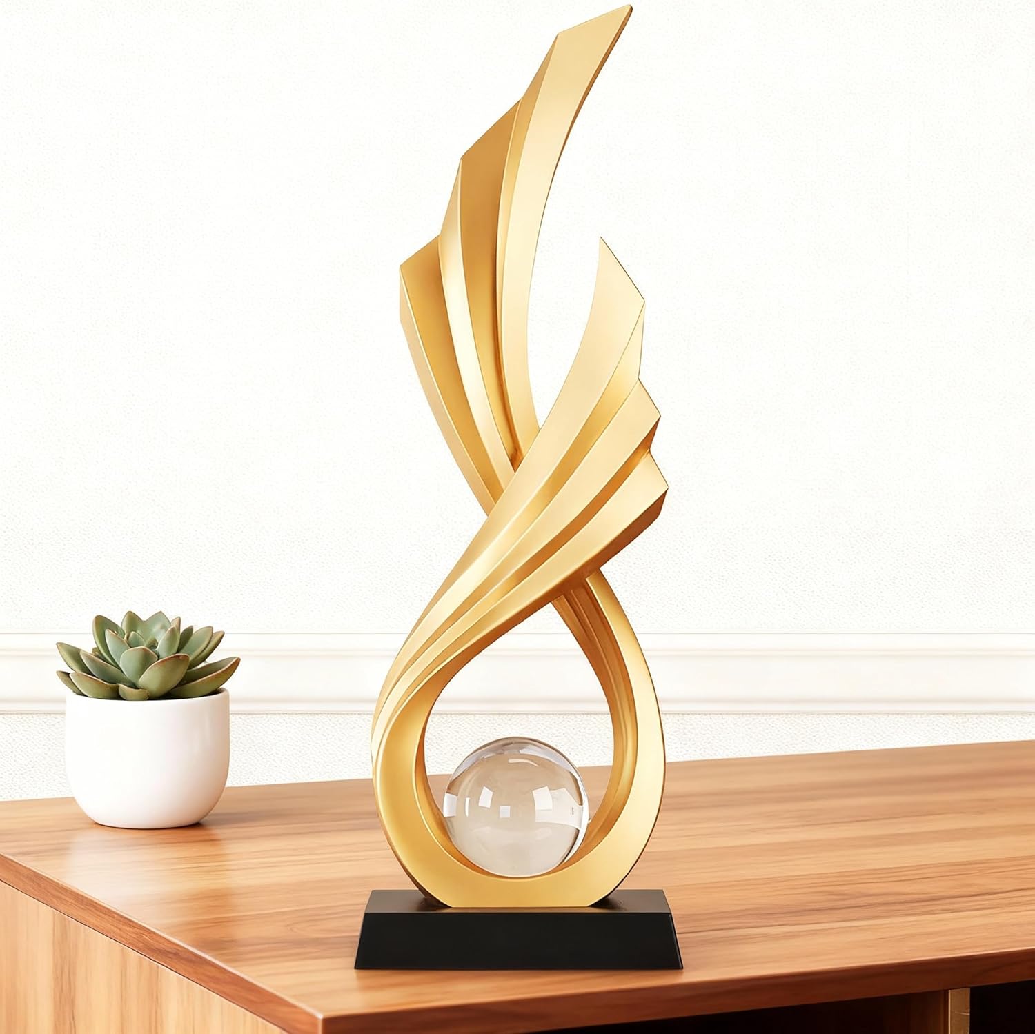 Modern Abstract Art Statue,Resin Ribbon Sculpture, Gold Wing – Shaped Decor with…