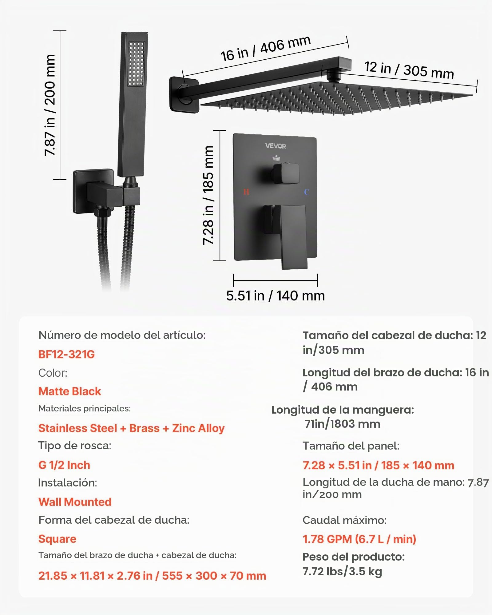 VEVOR Juego de Grifo de Ducha de Lluvia con Cabezal de Ducha Cuadrado de 30,5 cm y Rociador de Mano, Grifería de Baño de Pared con Válvula de Latón y Kit de Embellecedor, 6,7 L/min, Negro Mate
