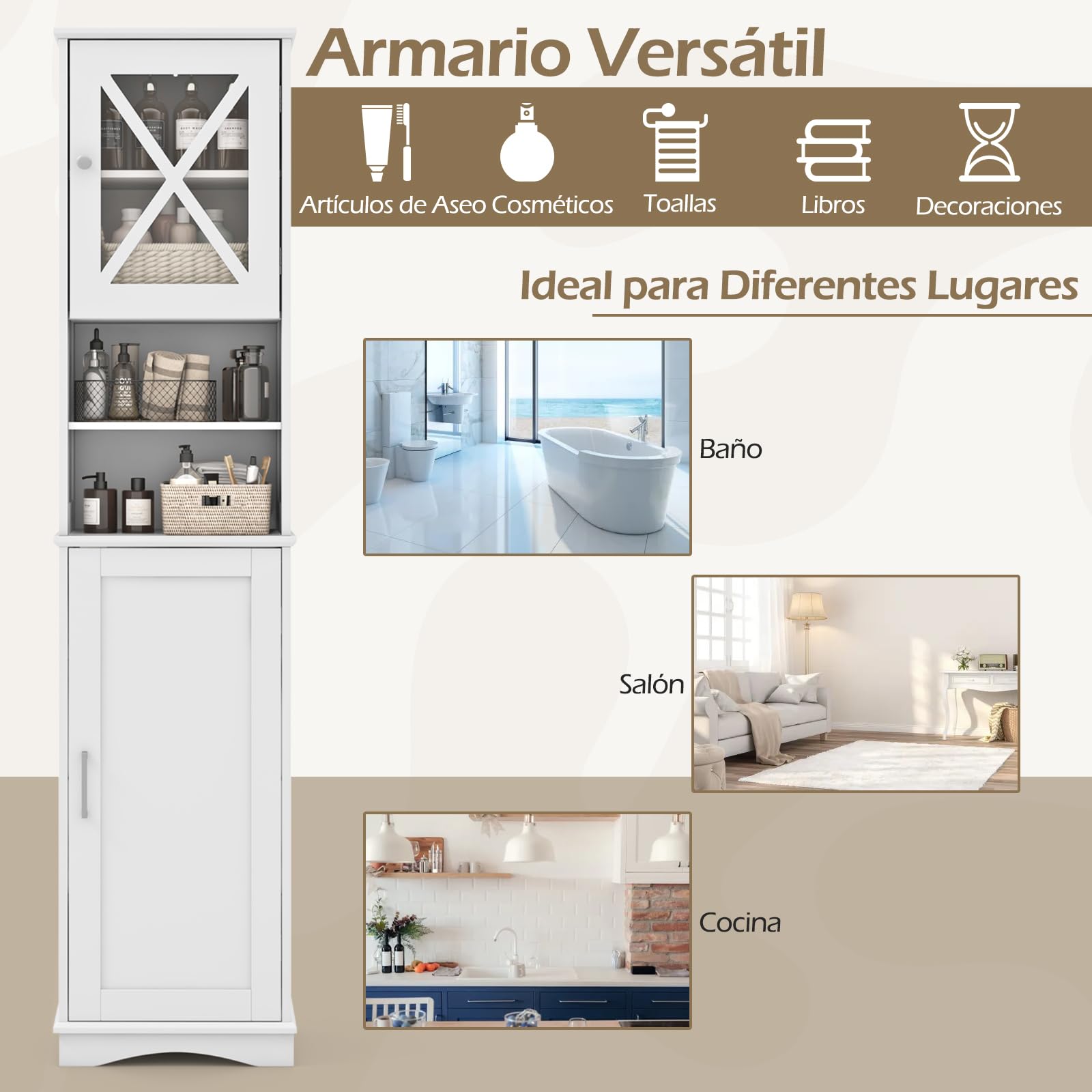 GOPLUS Armario de Baño Alto de 170,5 CM, Armario de Almacenamiento de Pie con Puerta de Acrílico y Estantes Ajustables, 2 Compartimentos Abiertos, Organizador Estrecho para Baño Cocina Salón (Blanco)