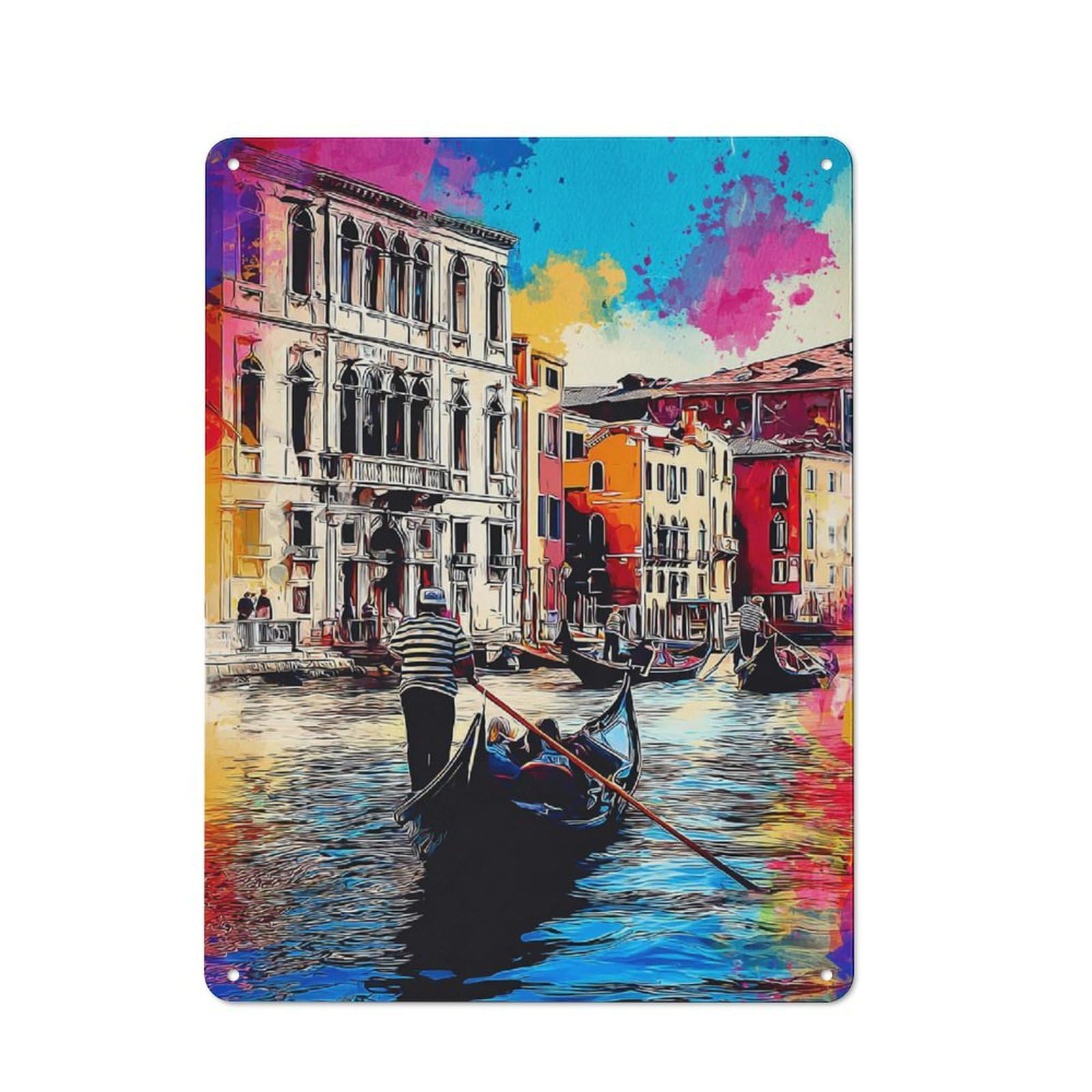 Junmoney Colorful Venice Canals With Gondolas -1 Vintage Bistro Metal Sign 40X30cm, Bistro Wall Plaque For Takeaway, Bar, Kitchen Or Counter Area