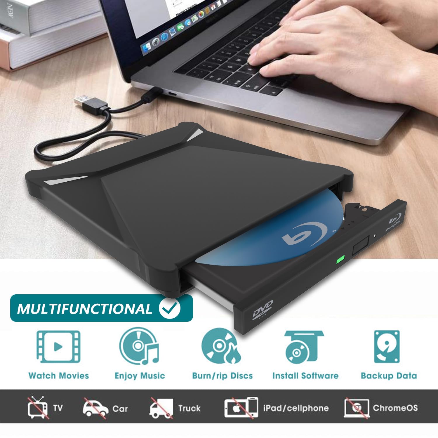 Magesh Lecteur Blu-Ray Externe, USB3.0 Type-C External Blu-Ray Drive, Slim Portable External Blu-Ray DVD Burner/Reader, for Laptop, Desktop, Windows 11/10/8