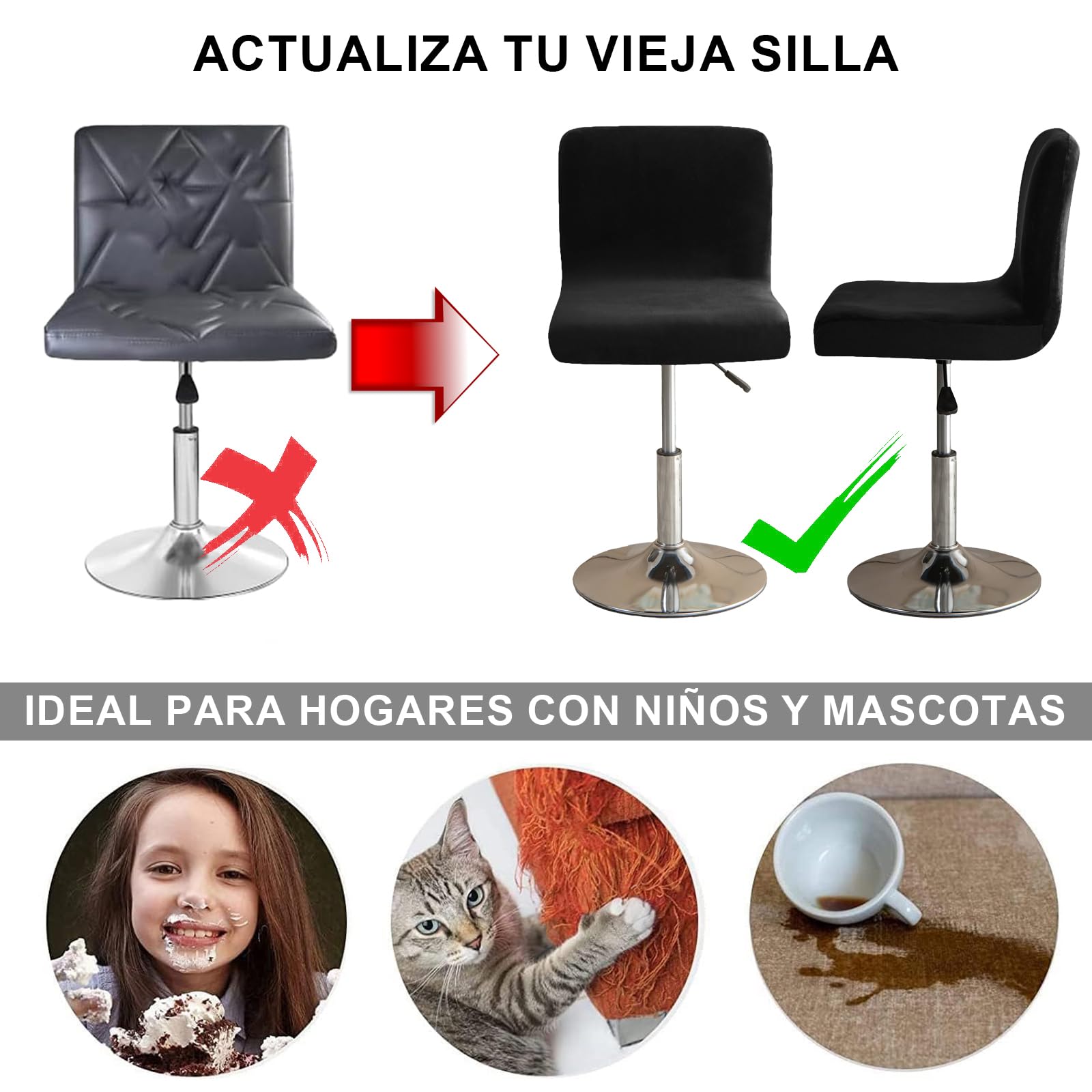 Fundas para Taburetes De Bar con Respaldo, Elástica Terciopelo Fabric Fundas para Taburetes Altos De Cocina Extraíble Respaldo Bajo Giratorio Fundas para Sillas-Negro-4 Piezas