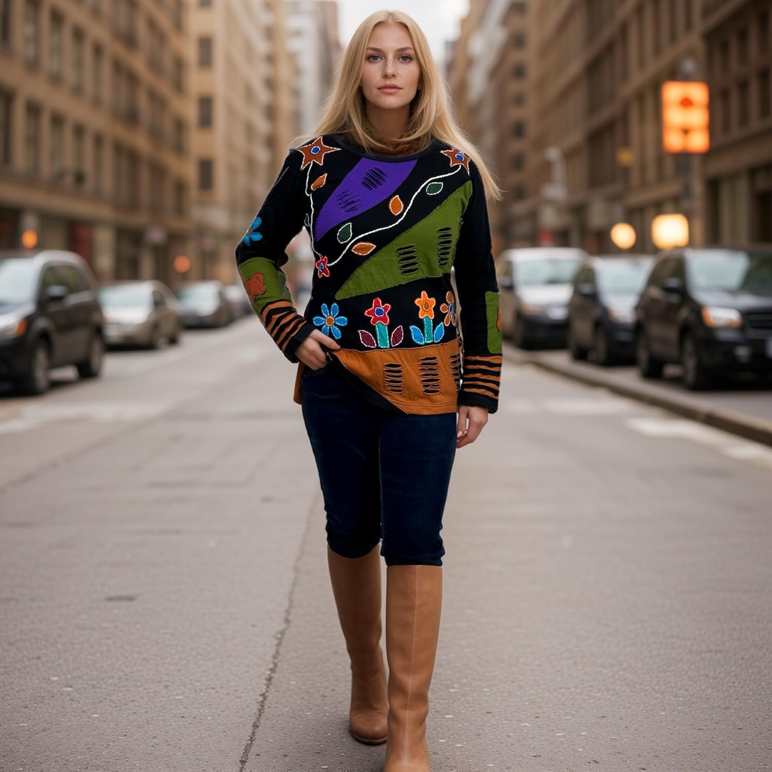 Agan Traders 2025 Winter Rib Knit Cotton Bohemian Tops for Women - Funky Patch Retro Hand Embroidered Blouse T-Shirts - Image 4