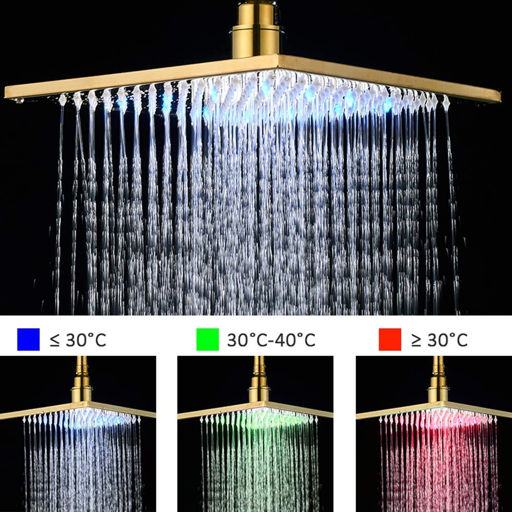 Ducha de lluvia LED con pantalla digital, mezclador de lluvia dorado, juego de grifo de ducha montado en el techo con cabezal de ducha, ducha de mano,