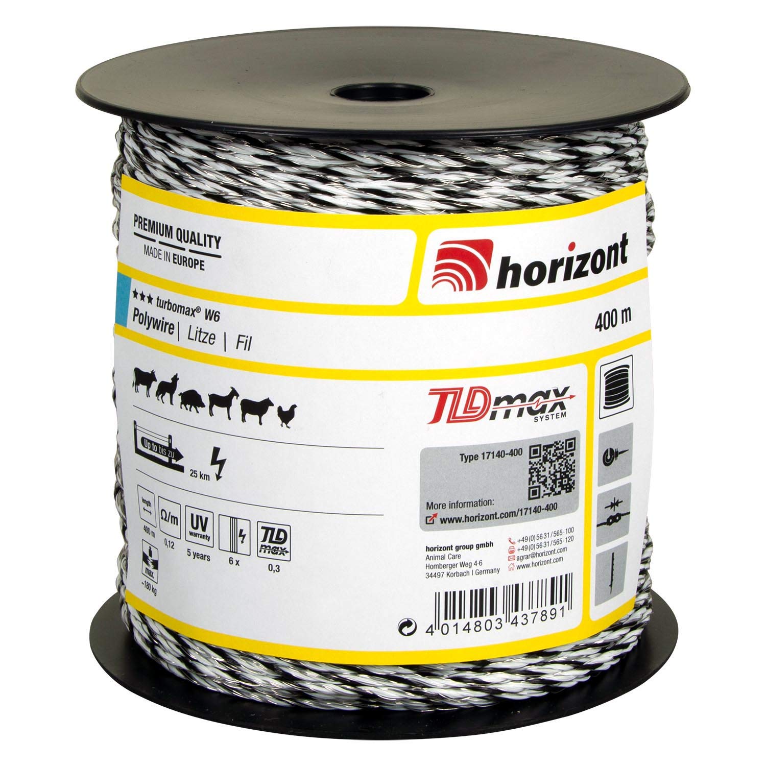 horizont Weidezaunlitze turbomax® W6, 400 m lang, weiß, 6x 0,30 mm TBmax-Leiter, 180 kg Bruchlast, für lange bis sehr lange Zäune mit starkem Bewuchs, Weidezaunband, Breitband Litze, Elektrozaun